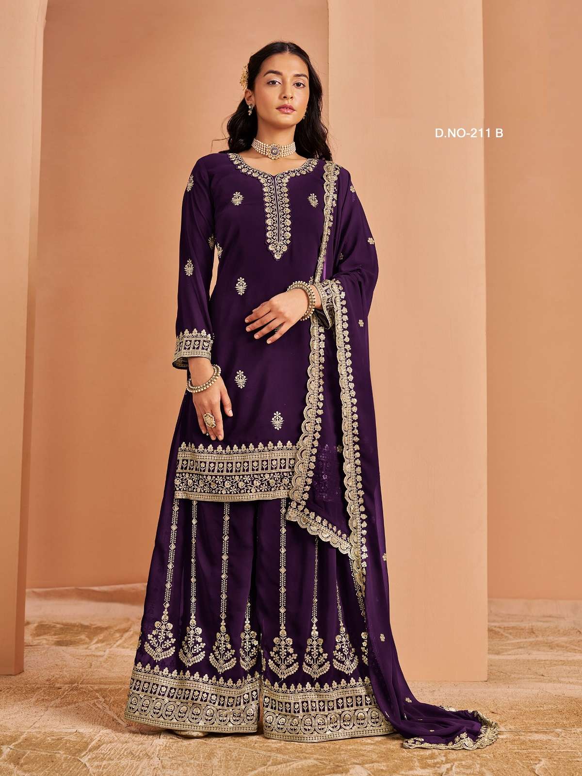 DESIGNER INDIAN WEDDING PARTY WEAR FAUX GEORGETTE PURPLE SHARARA PALAZZO SALWAR SUIT ANY 211 B