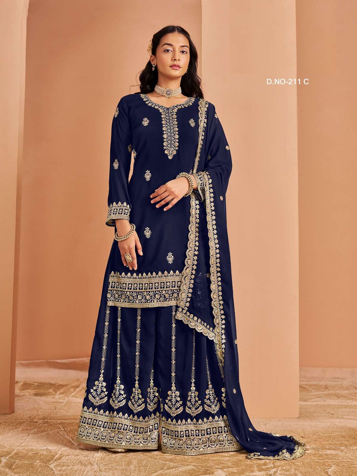 DESIGNER INDIAN WEDDING PARTY WEAR FAUX GEORGETTE BLUE SHARARA PALAZZO SALWAR SUIT ANY 211 C