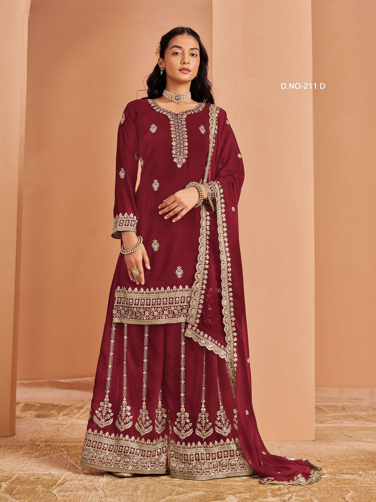 DESIGNER INDIAN WEDDING PARTY WEAR FAUX GEORGETTE MAROON SHARARA PALAZZO SALWAR SUIT ANY 211 D