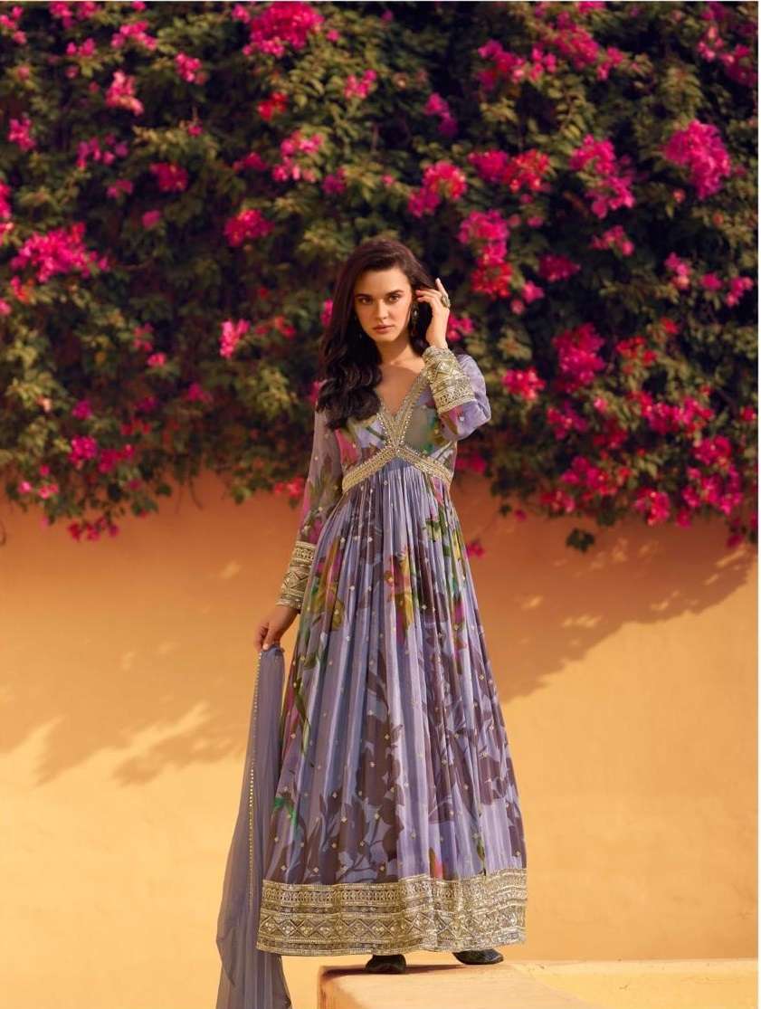 DESIGNER WEDDING PARTY WEAR CHINON PRINTED LAVENDER ANARKALI SALWAR SUIT GOWN WITH DUPATTA SY RANI 5747