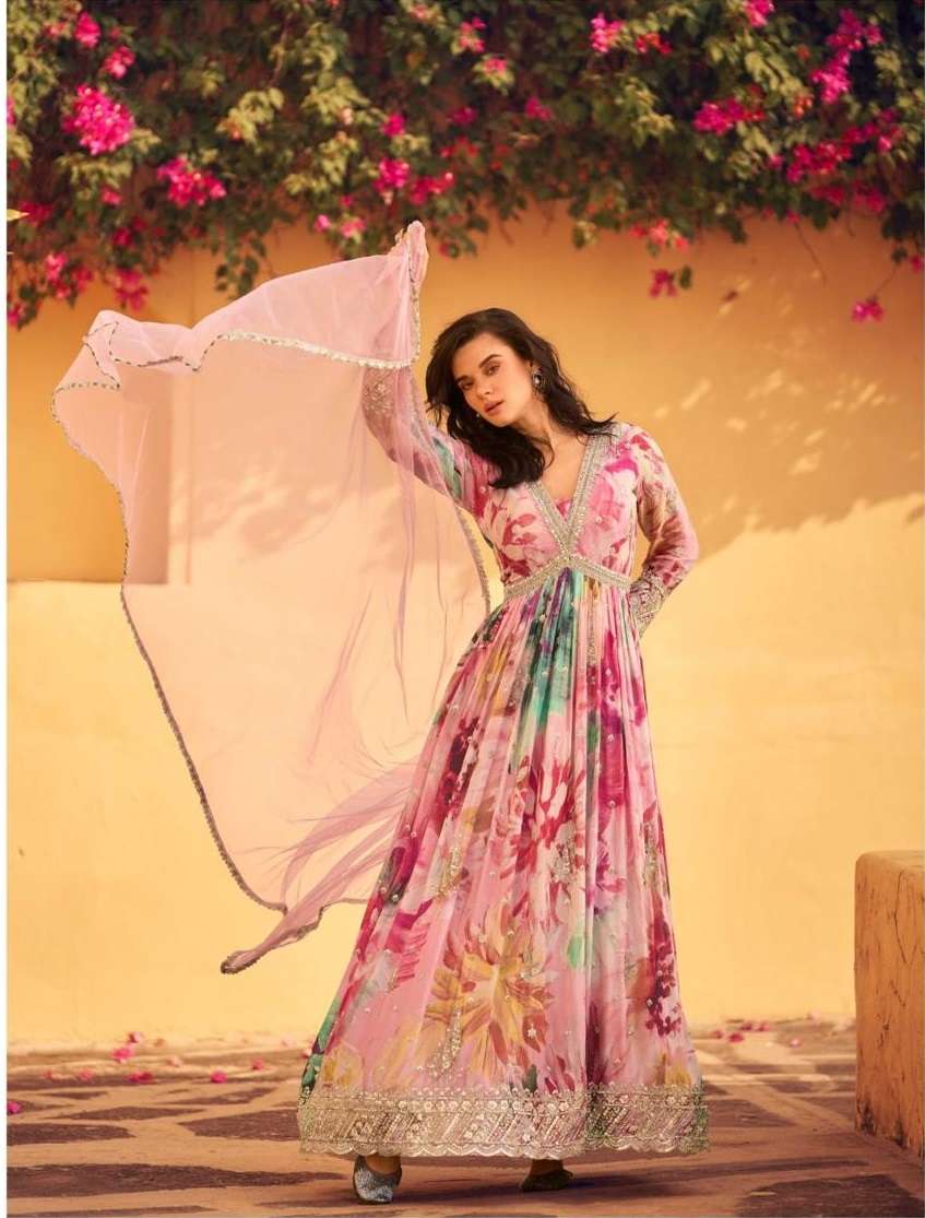 DESIGNER WEDDING PARTY WEAR CHINON PRINTED PINK ANARKALI SALWAR SUIT GOWN WITH DUPATTA SY RANI 5749