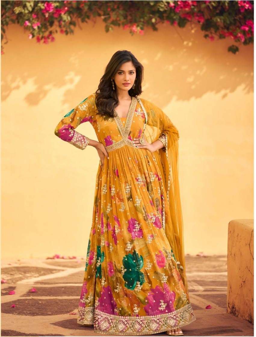 DESIGNER WEDDING PARTY WEAR CHINON PRINTED TYELLOW ANARKALI SALWAR SUIT GOWN WITH DUPATTA SY RANI 5750