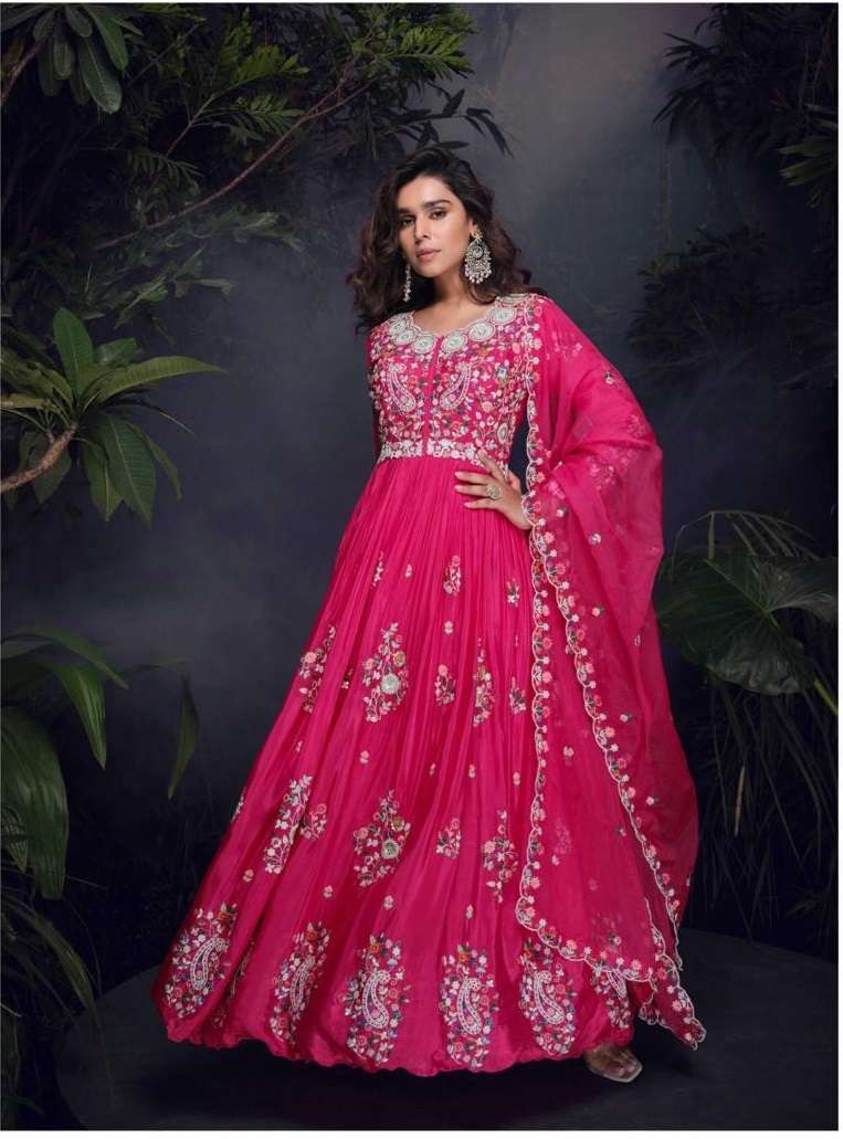 DESIGNER WEDDING PARTY WEAR CHINON RANI PINK ANARKALI SALWAR SUIT GOWN WITH DUPATTA SY MRUNAL 5743