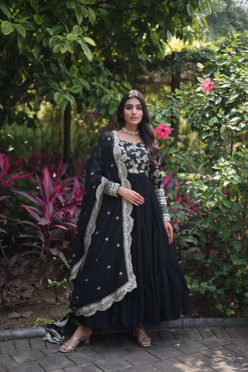 DESIGNER WEDDING PARTY WEAR HEAVY BLACK BLOOMING GEORGETTE ANARKALI SALWAR SUIT GOWN LW 9155 B