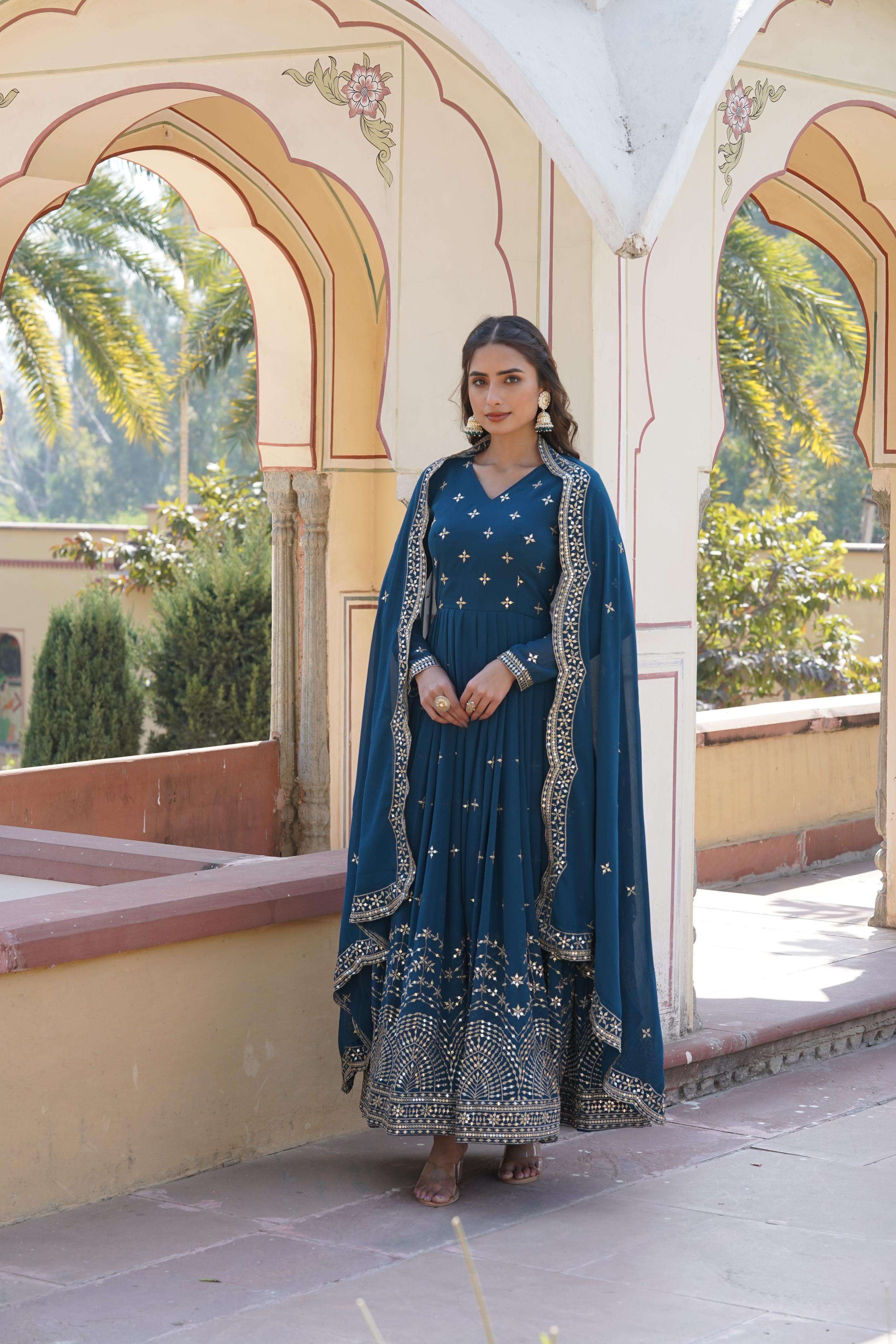 DESIGNER WEDDING PARTY WEAR HEAVY BLOMMING GEORGETTE BLUE ANARKALI SALWAR SUIT GOWN PC 1084