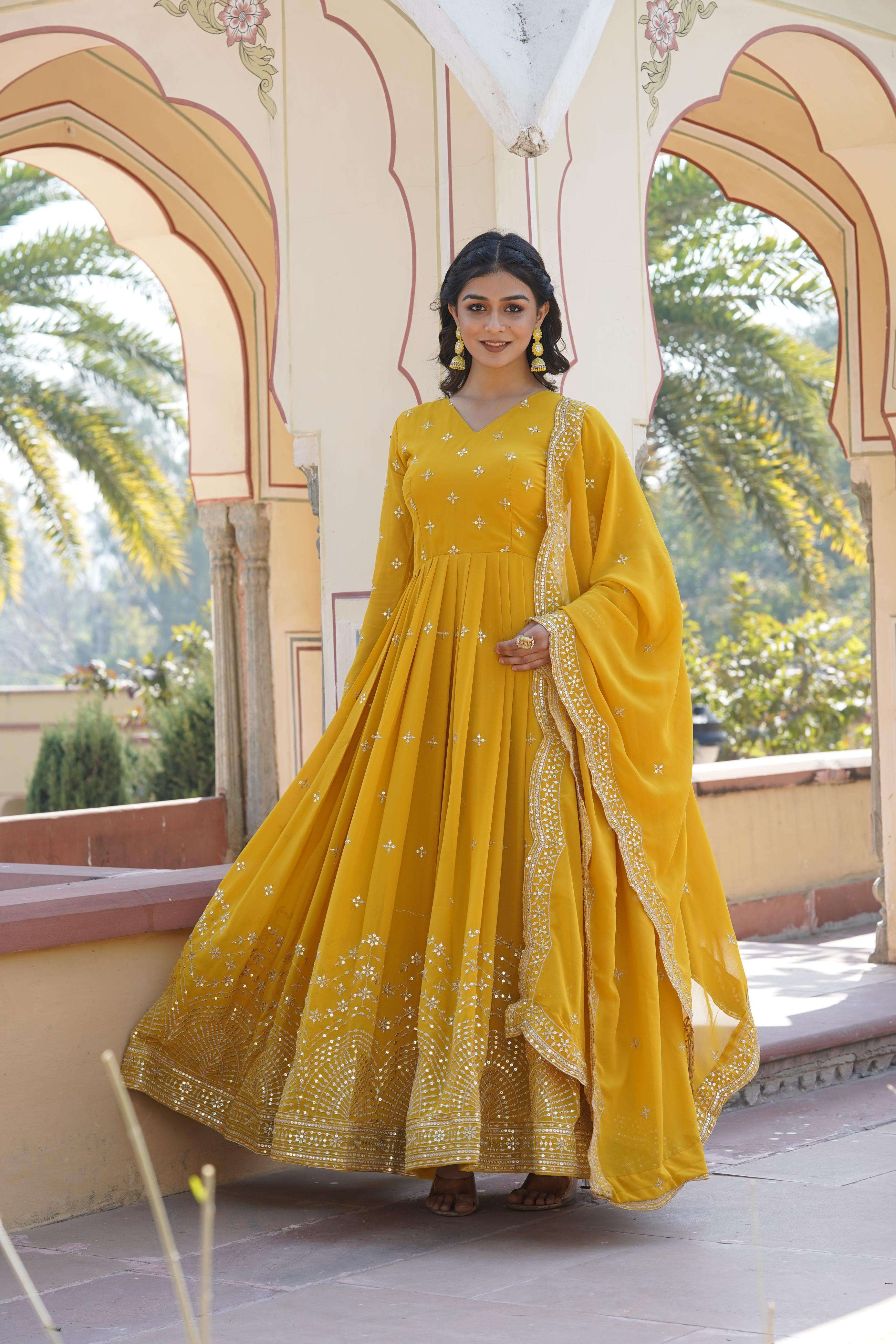 DESIGNER WEDDING PARTY WEAR HEAVY BLOMMING GEORGETTE YELLOW ANARKALI SALWAR SUIT GOWN PC 1084