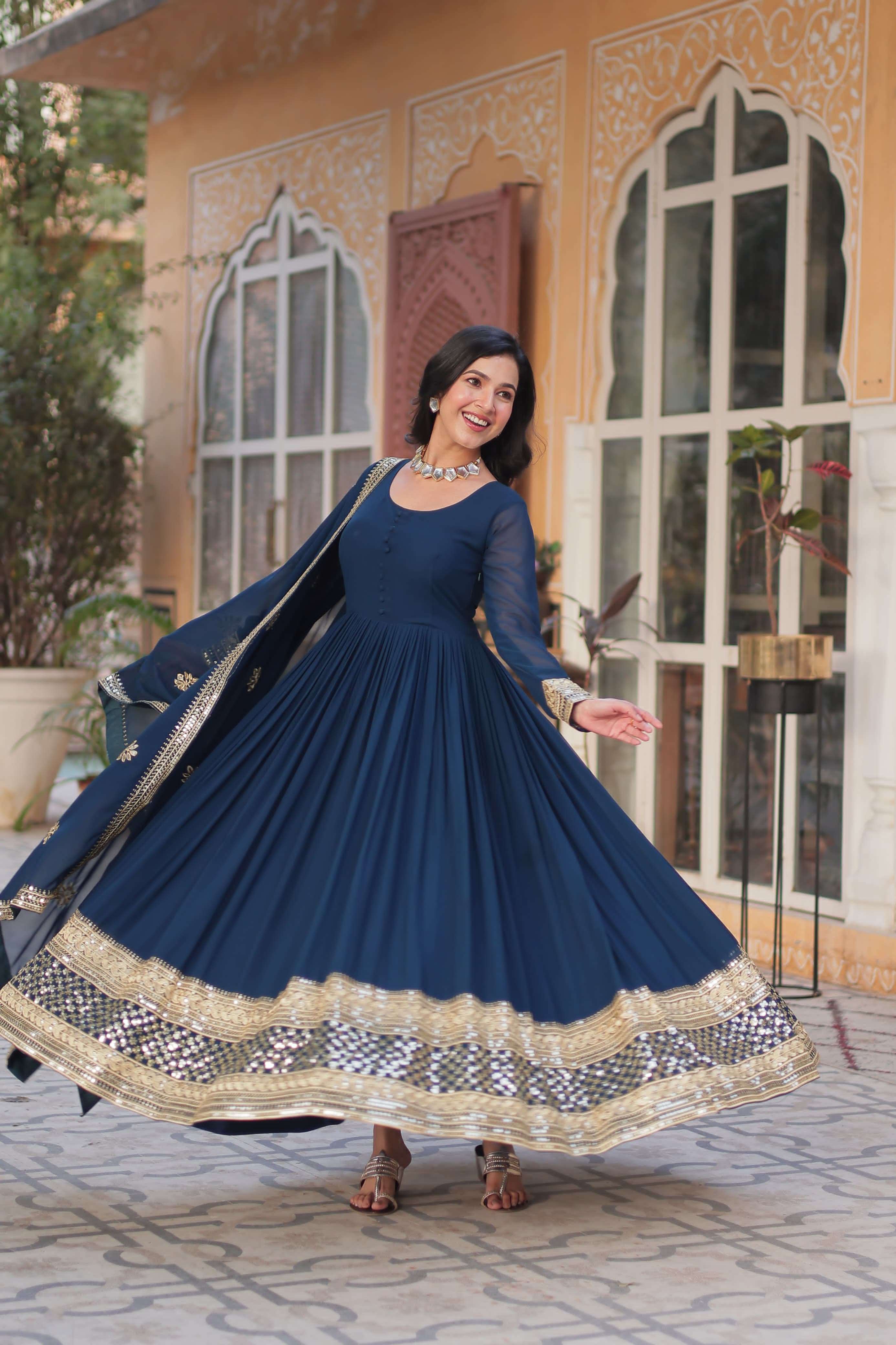 DESIGNER WEDDING PARTY WEAR HEAVY BLOMMING GEORGETTE BLUE ANARKALI SALWAR SUIT GOWN PC 1135