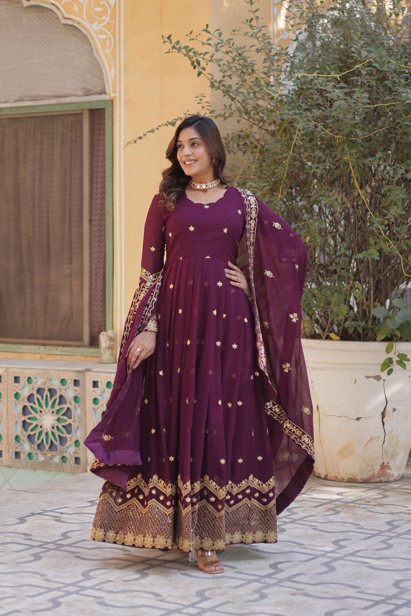 DESIGNER WEDDING PARTY WEAR HEAVY BLOMMING GEORGETTE WINE ANARKALI SALWAR SUIT GOWN 9211 B