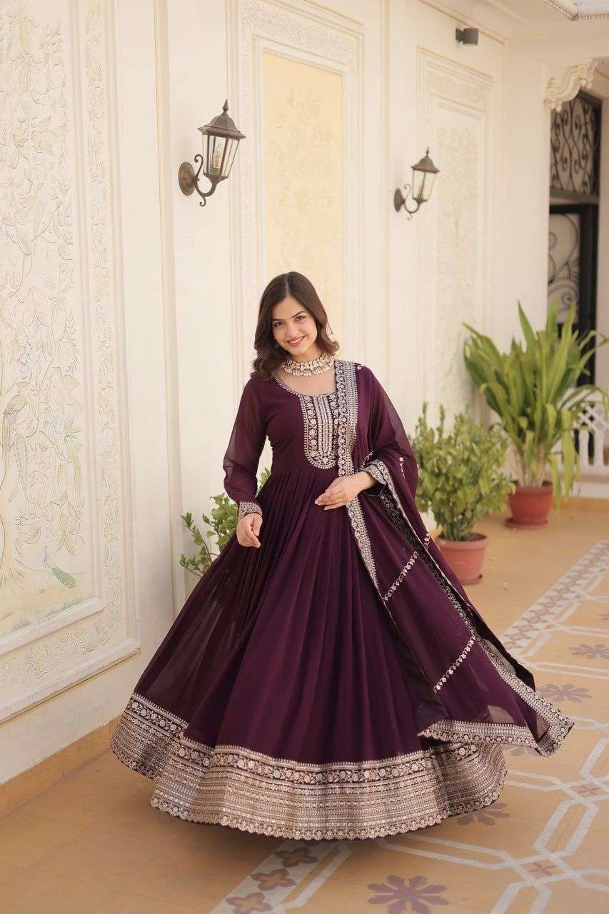 DESIGNER WEDDING PARTY WEAR HEAVY BLOMMING GEORGETTE WINE ANARKALI SALWAR SUIT GOWN 9179 A