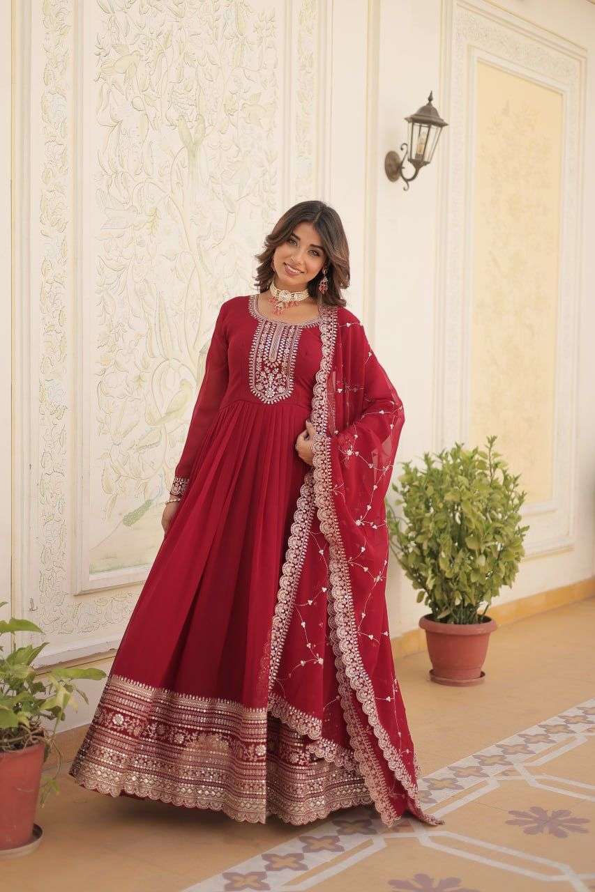 DESIGNER WEDDING PARTY WEAR HEAVY BLOMMING GEORGETTE RED ANARKALI SALWAR SUIT GOWN 9179 C