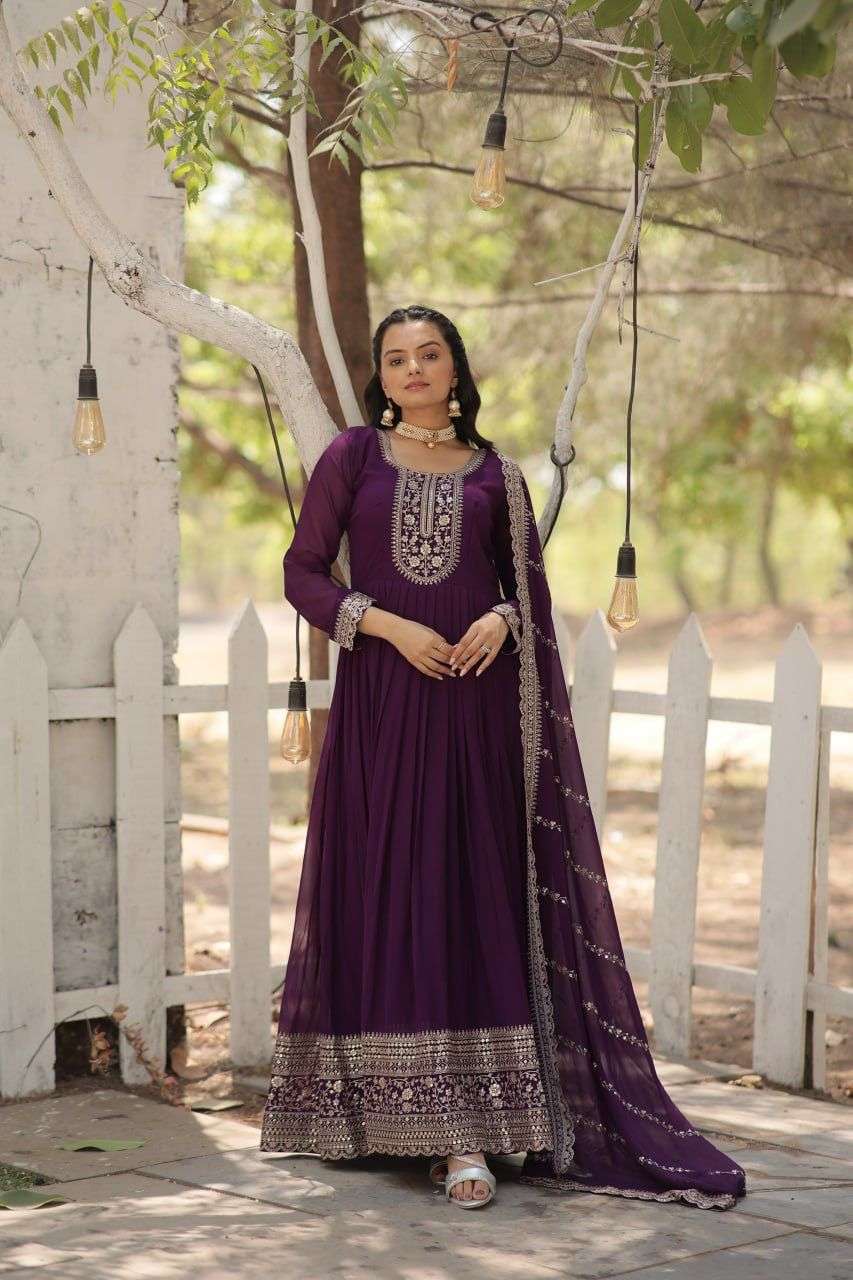 DESIGNER WEDDING PARTY WEAR HEAVY BLOMMING GEORGETTE PURPLE ANARKALI SALWAR SUIT GOWN 9179 E