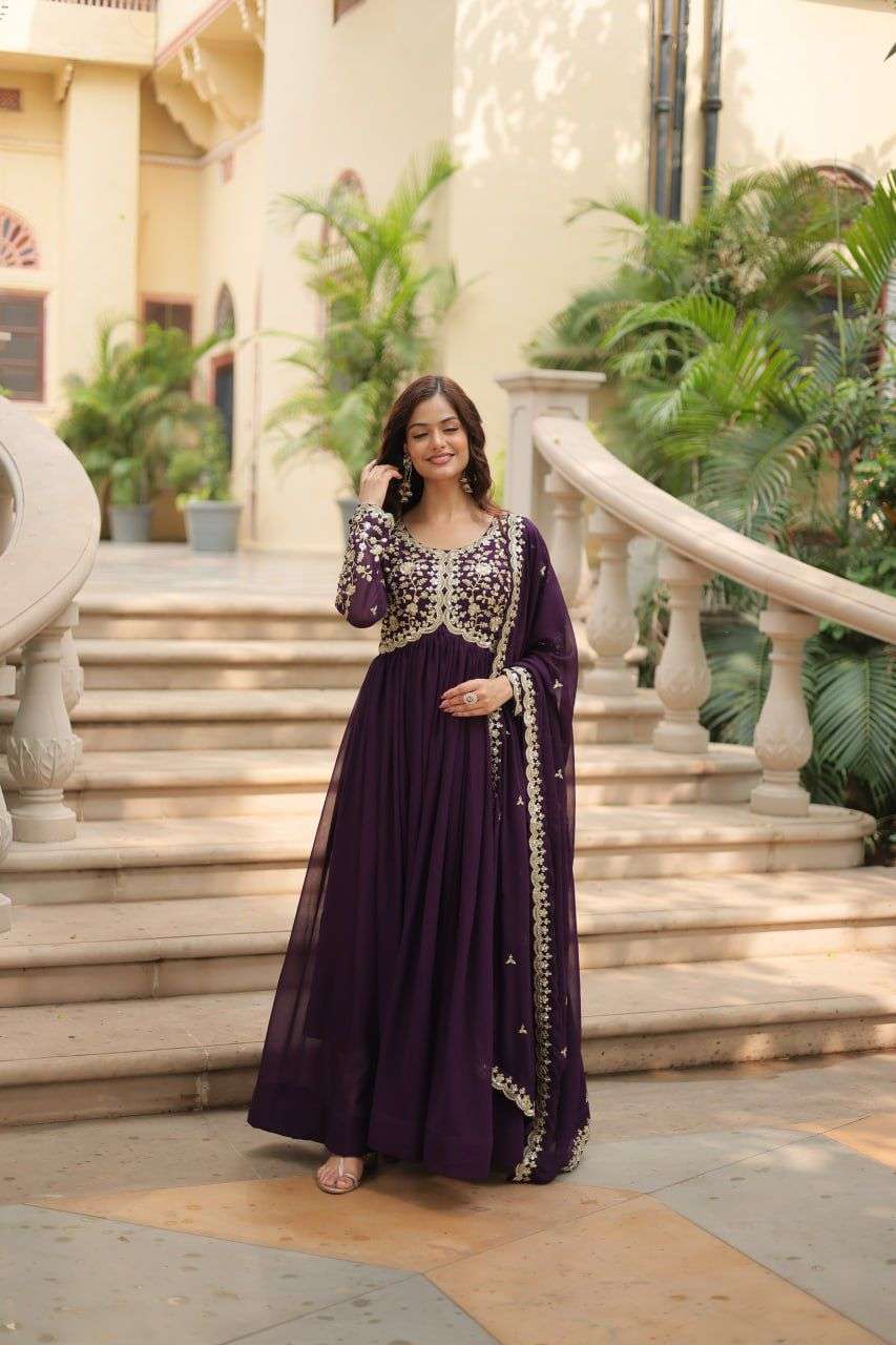 DESIGNER WEDDING PARTY WEAR HEAVY BLOMMING GEORGETTE PURPLE ANARKALI SALWAR SUIT GOWN LW 9195 B