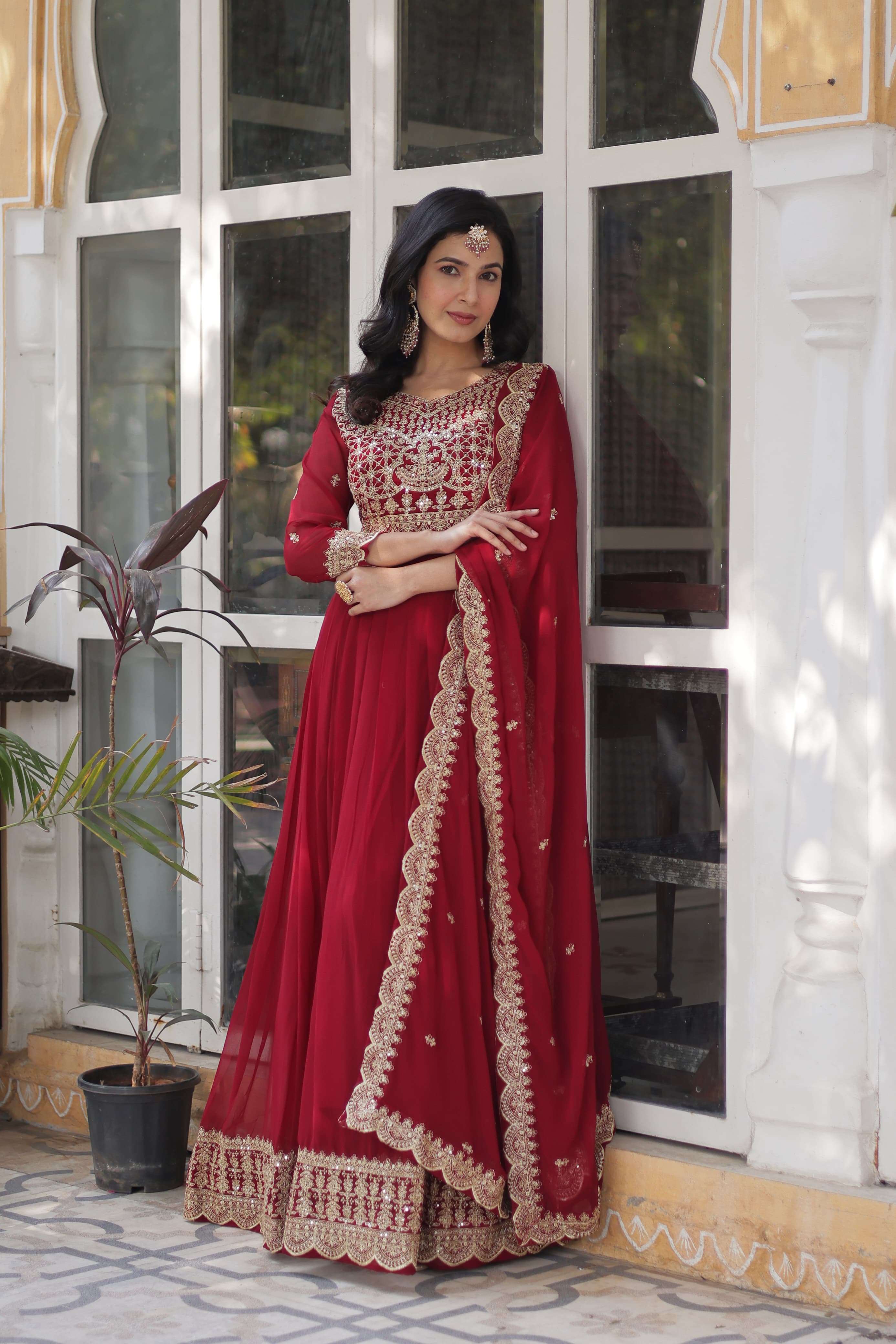 DESIGNER WEDDING PARTY WEAR HEAVY BLOMMING GEORGETTE RED ANARKALI SALWAR SUIT GOWN PC 1137 A