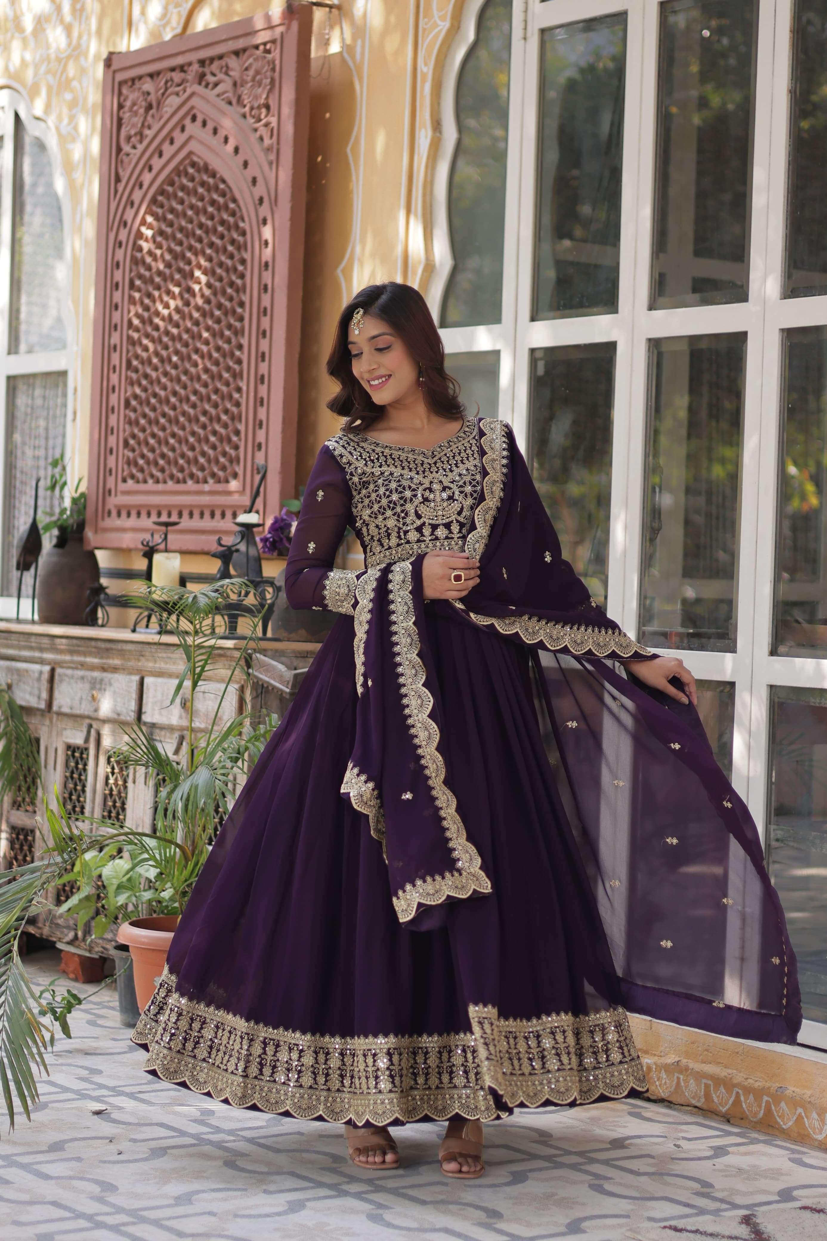 DESIGNER WEDDING PARTY WEAR HEAVY BLOMMING GEORGETTE PURPLE ANARKALI SALWAR SUIT GOWN PC 1137 B