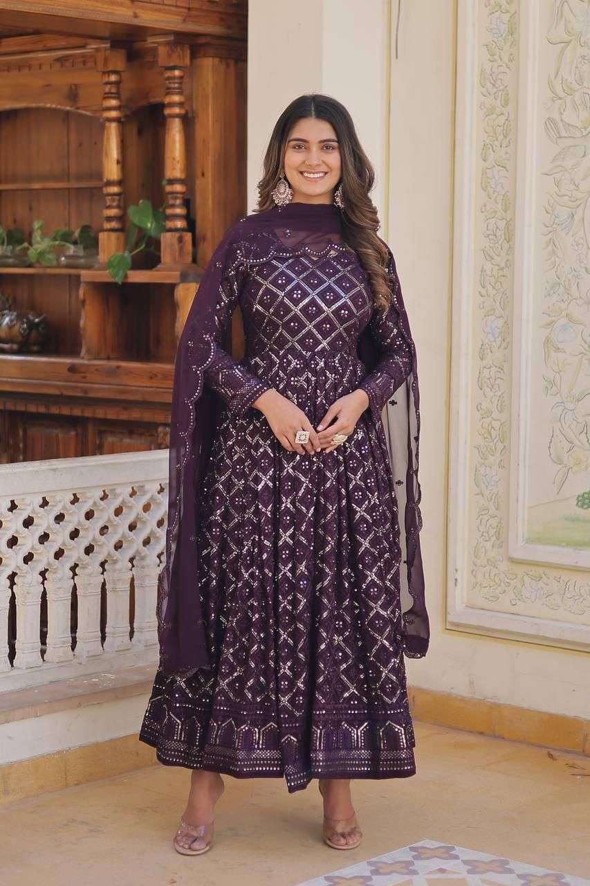 DESIGNER WEDDING PARTY WEAR HEAVY BLOMMING PURPLE ANARKALI SALWAR SUIT GOWN LW 9165A