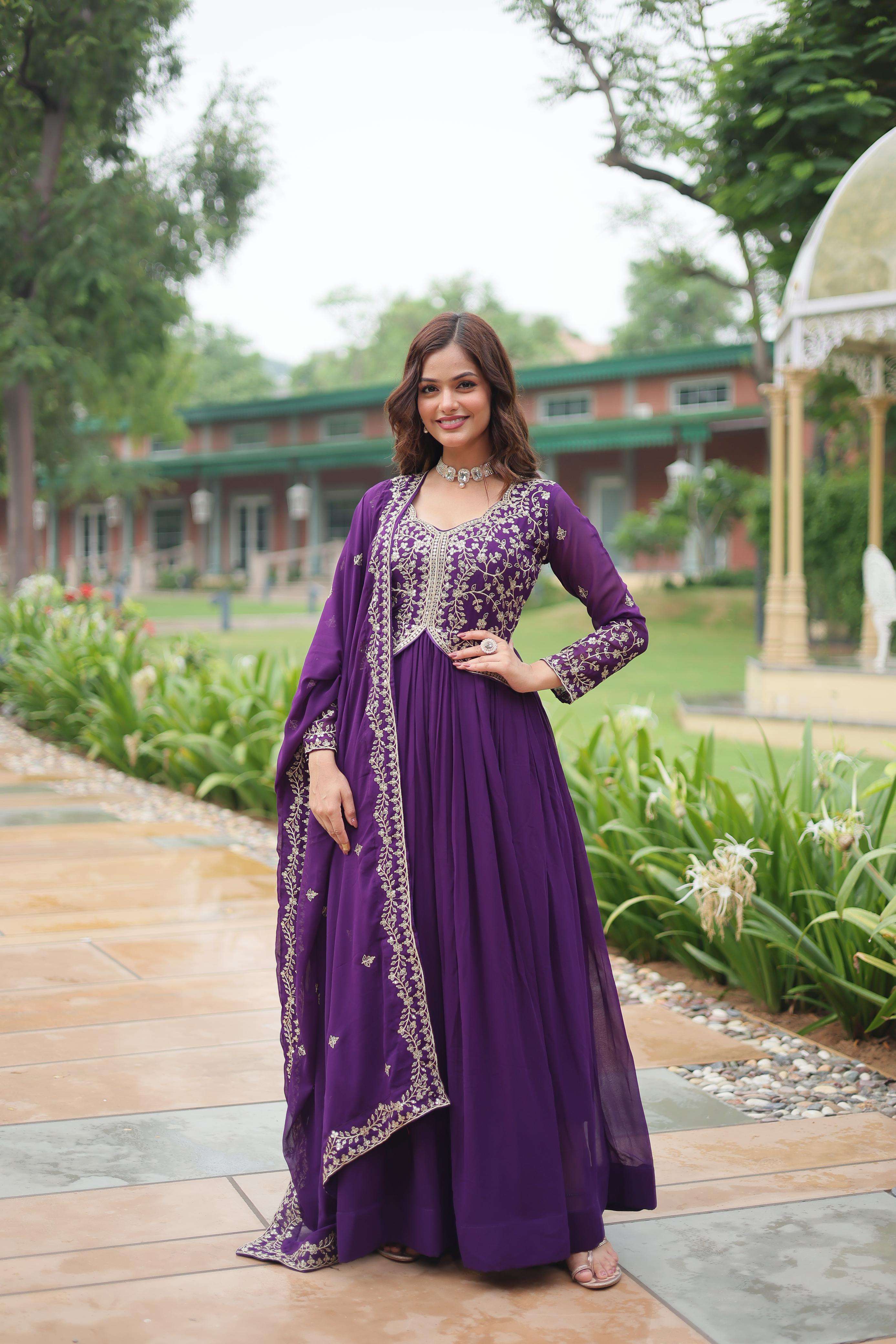 DESIGNER WEDDING PARTY WEAR HEAVY BLOOMING GEORGETTE PURPLE ANARKALI SALWAR SUIT GOWN 9202 A