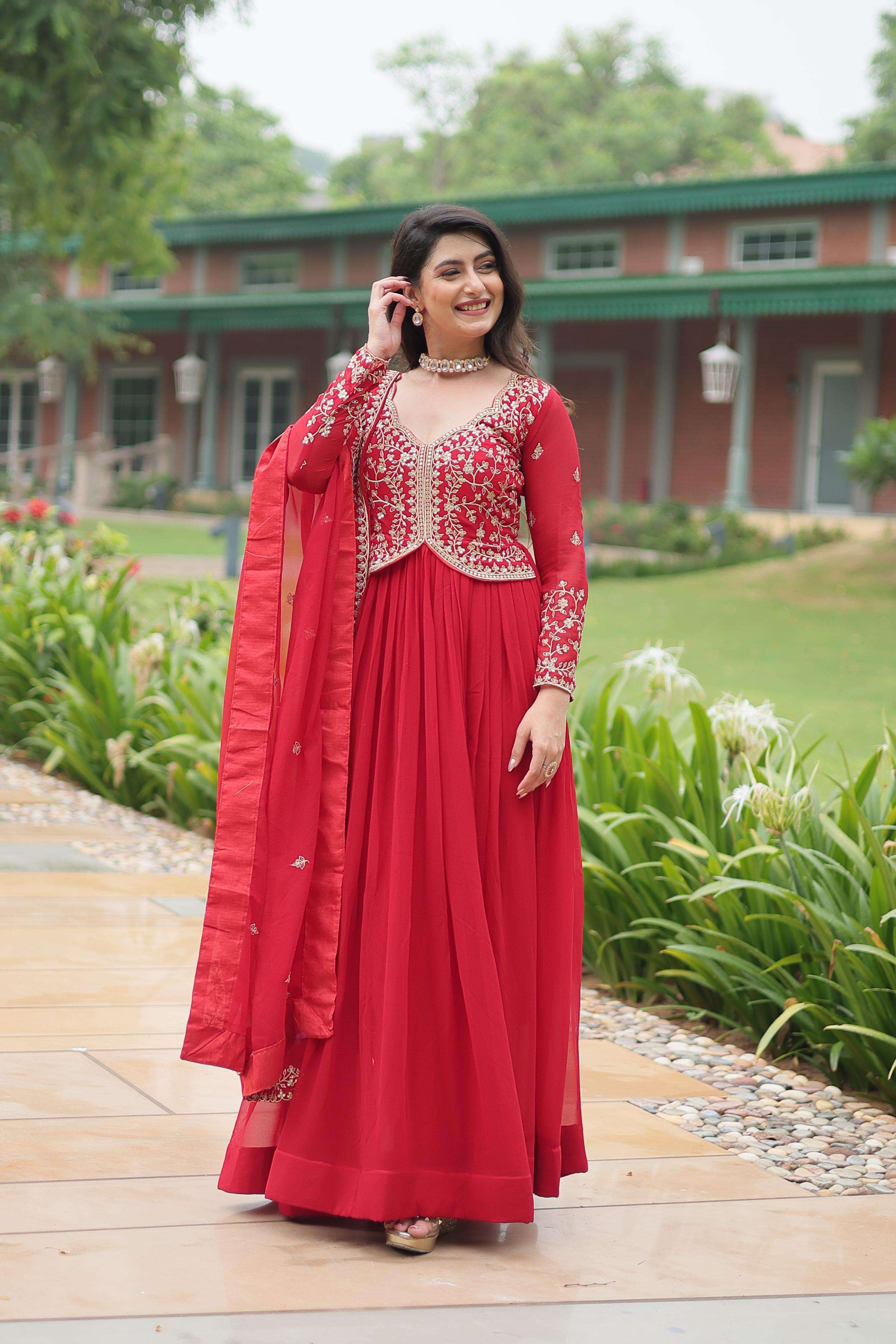 DESIGNER WEDDING PARTY WEAR HEAVY BLOOMING GEORGETTE RED ANARKALI SALWAR SUIT GOWN 9202 B