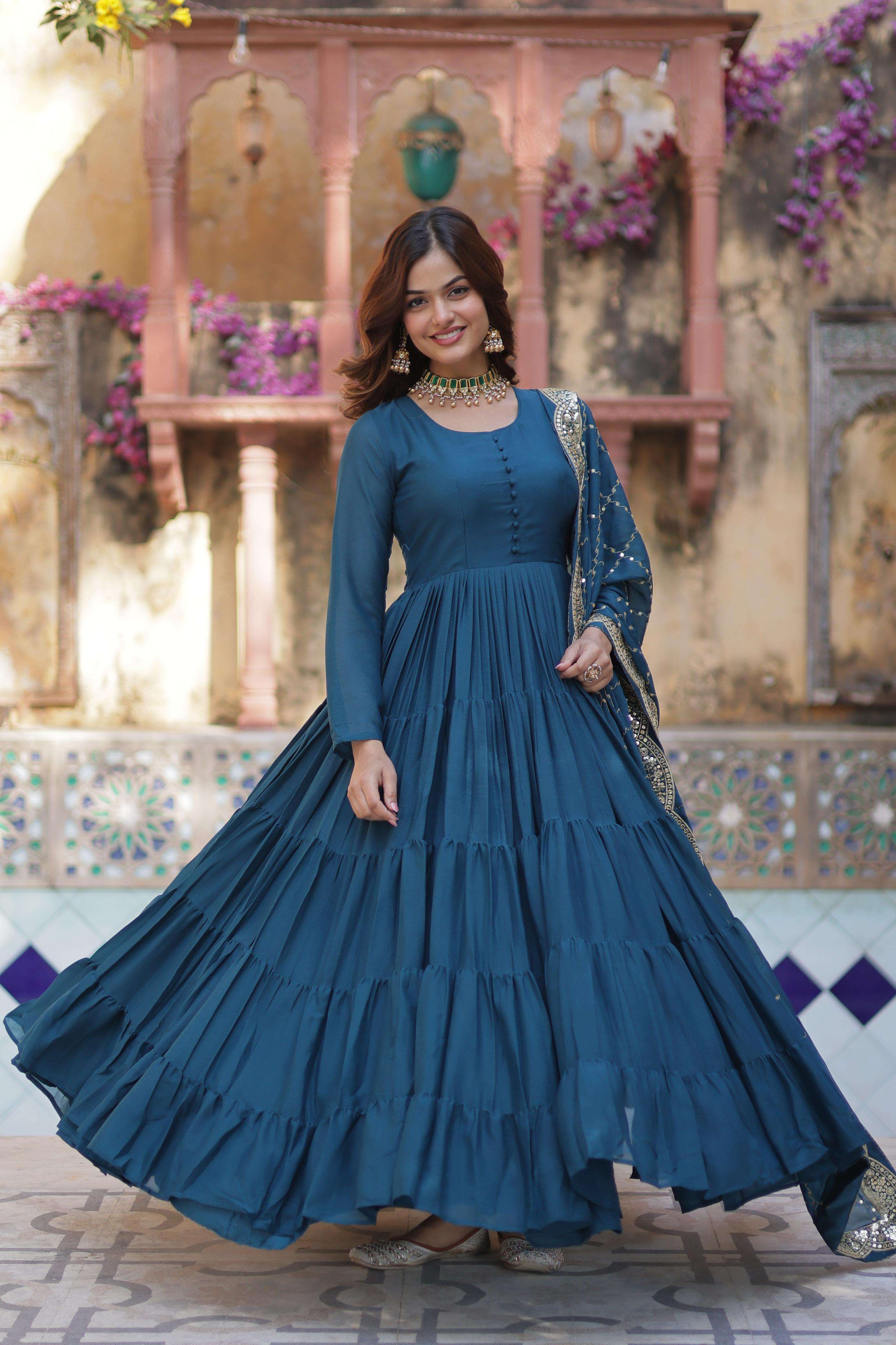 DESIGNER WEDDING PARTY WEAR HEAVY BLUE GEORGETTE ANARKALI SALWAR SUIT GOWN LW 9212 B