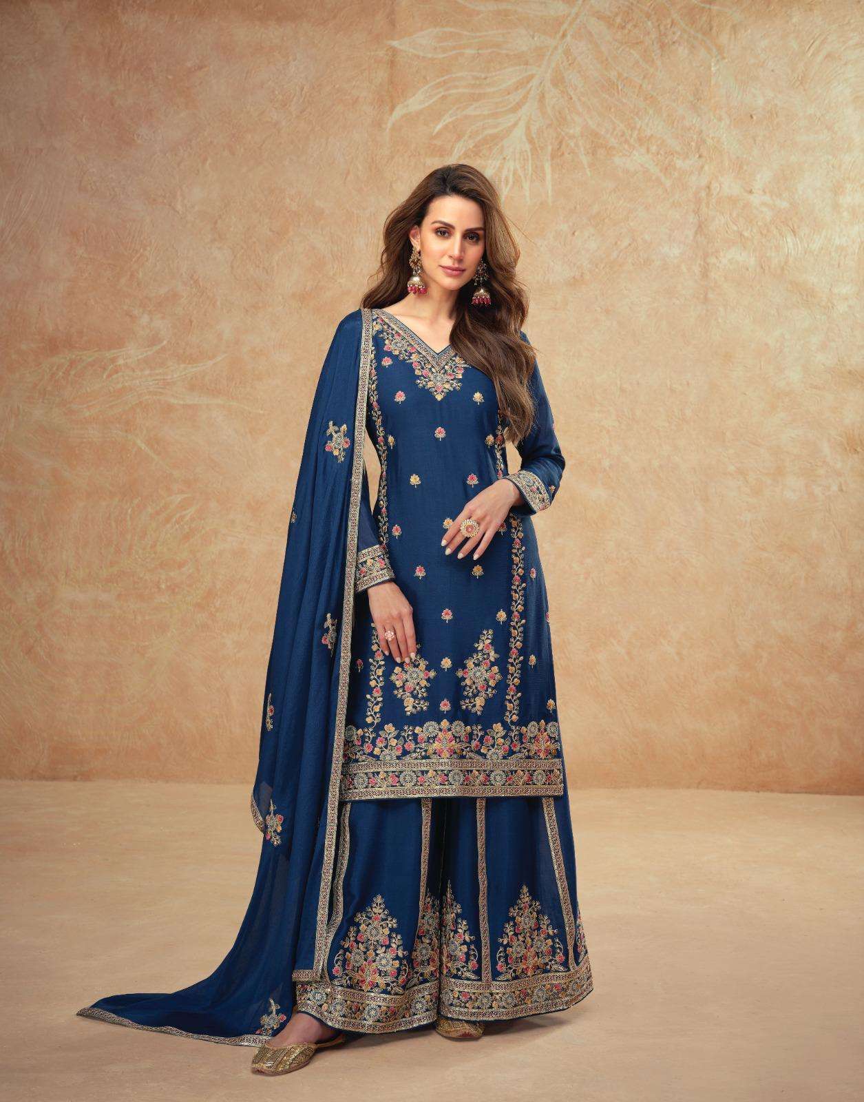 DESIGNER WEDDING PARTY WEAR HEAVY CHINON BLUE PLAZZO SALWAR SUIT AF GUZARISH 10163