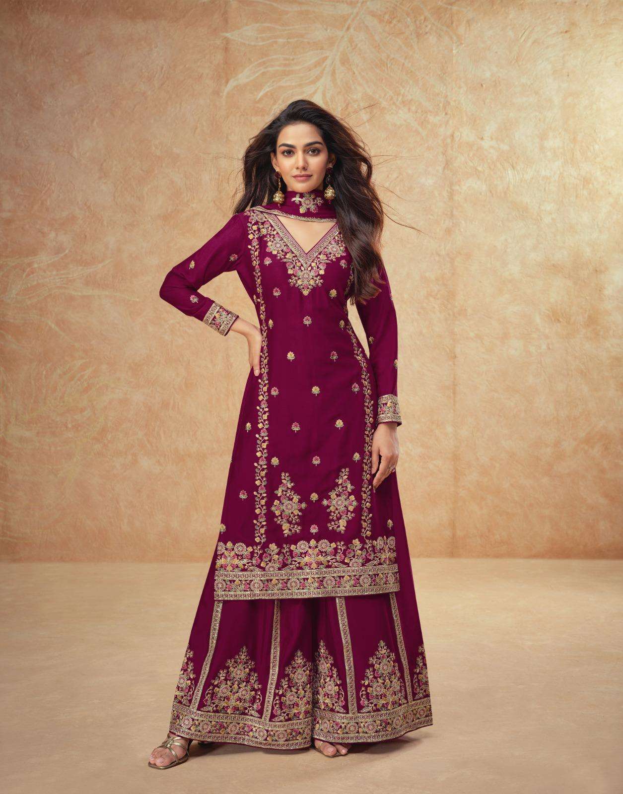 DESIGNER WEDDING PARTY WEAR HEAVY CHINON MAROON PLAZZO SALWAR SUIT AF GUZARISH 10164