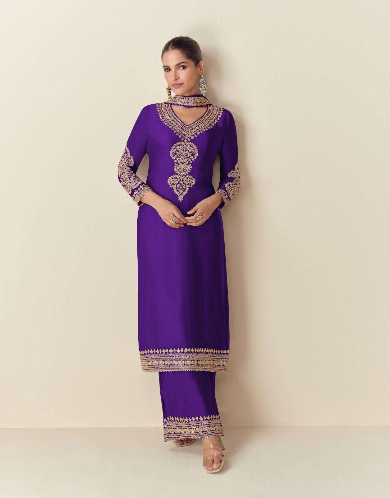 DESIGNER WEDDING PARTY WEAR HEAVY CHINON PURPLE PLAZZO SALWAR SUIT AF ROMA 10151