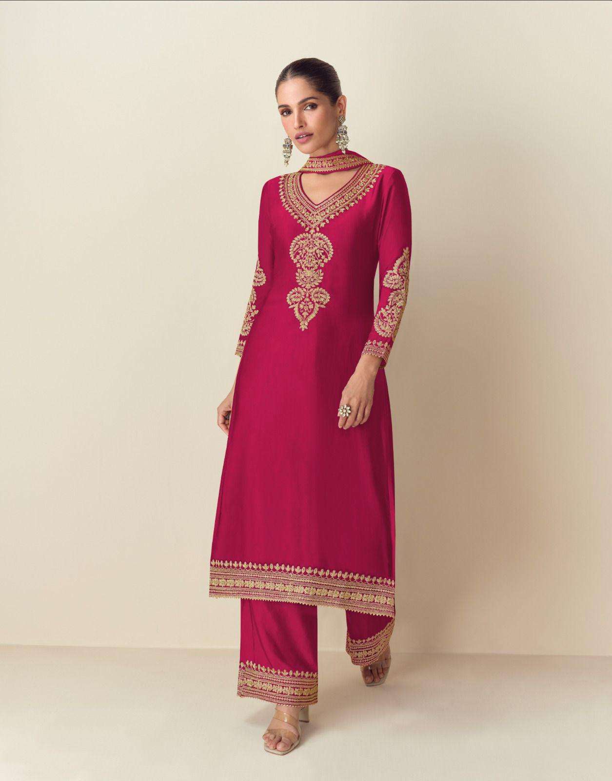 DESIGNER WEDDING PARTY WEAR HEAVY CHINON RANI PINK PLAZZO SALWAR SUIT AF ROMA 10152