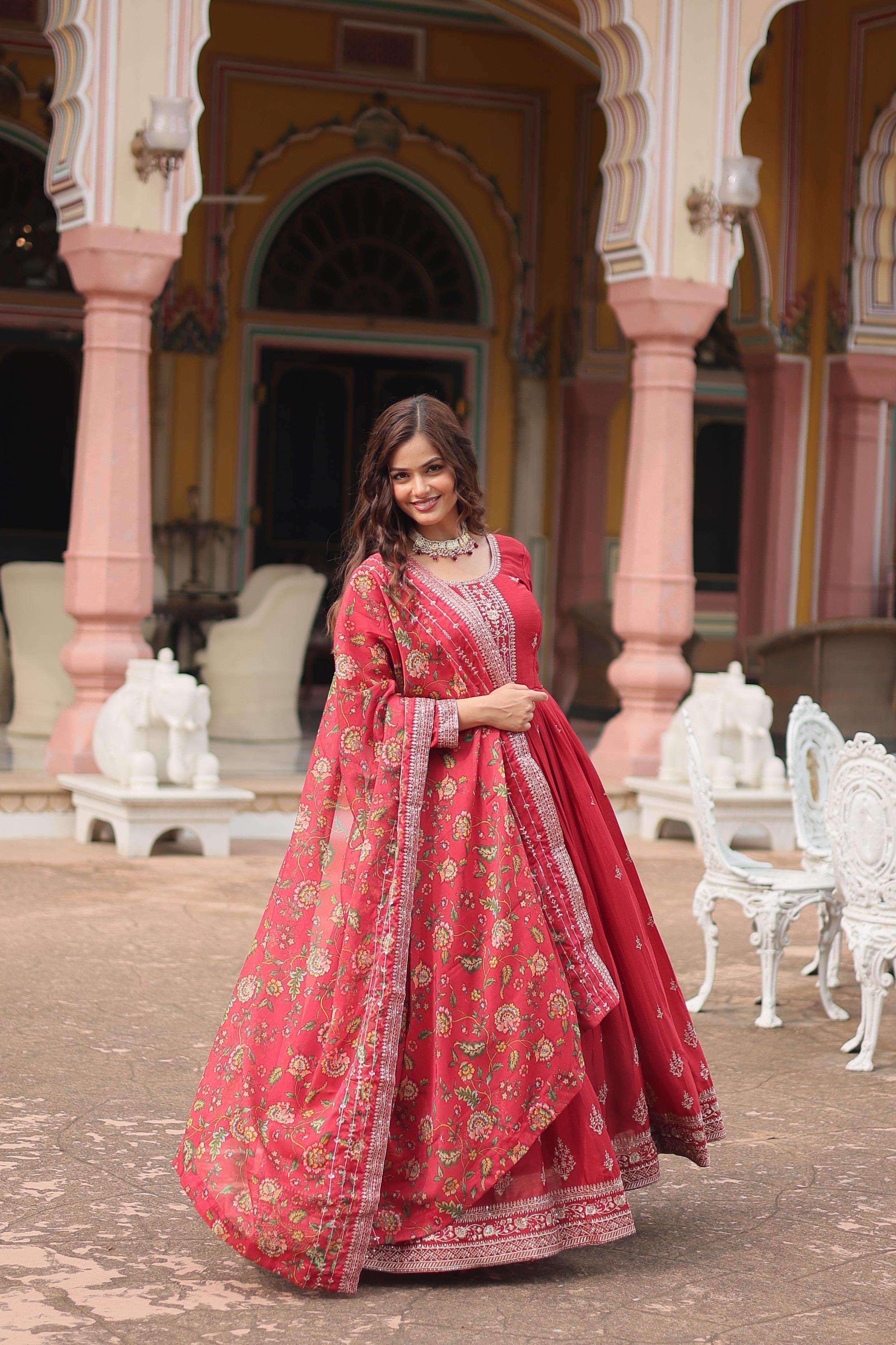 DESIGNER WEDDING PARTY WEAR HEAVY CHINON RED ANARKALI SALWAR SUIT GOWN 9190 A