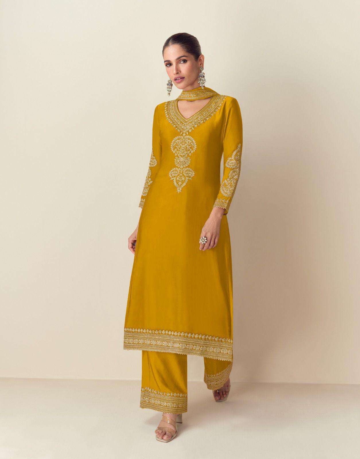 DESIGNER WEDDING PARTY WEAR HEAVY CHINON YELLOW PLAZZO SALWAR SUIT AF ROMA 10150