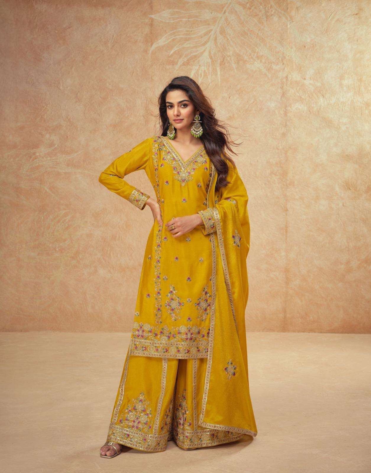 DESIGNER WEDDING PARTY WEAR HEAVY CHINON YELLOW PLAZZO SALWAR SUIT AF GUZARISH 10162