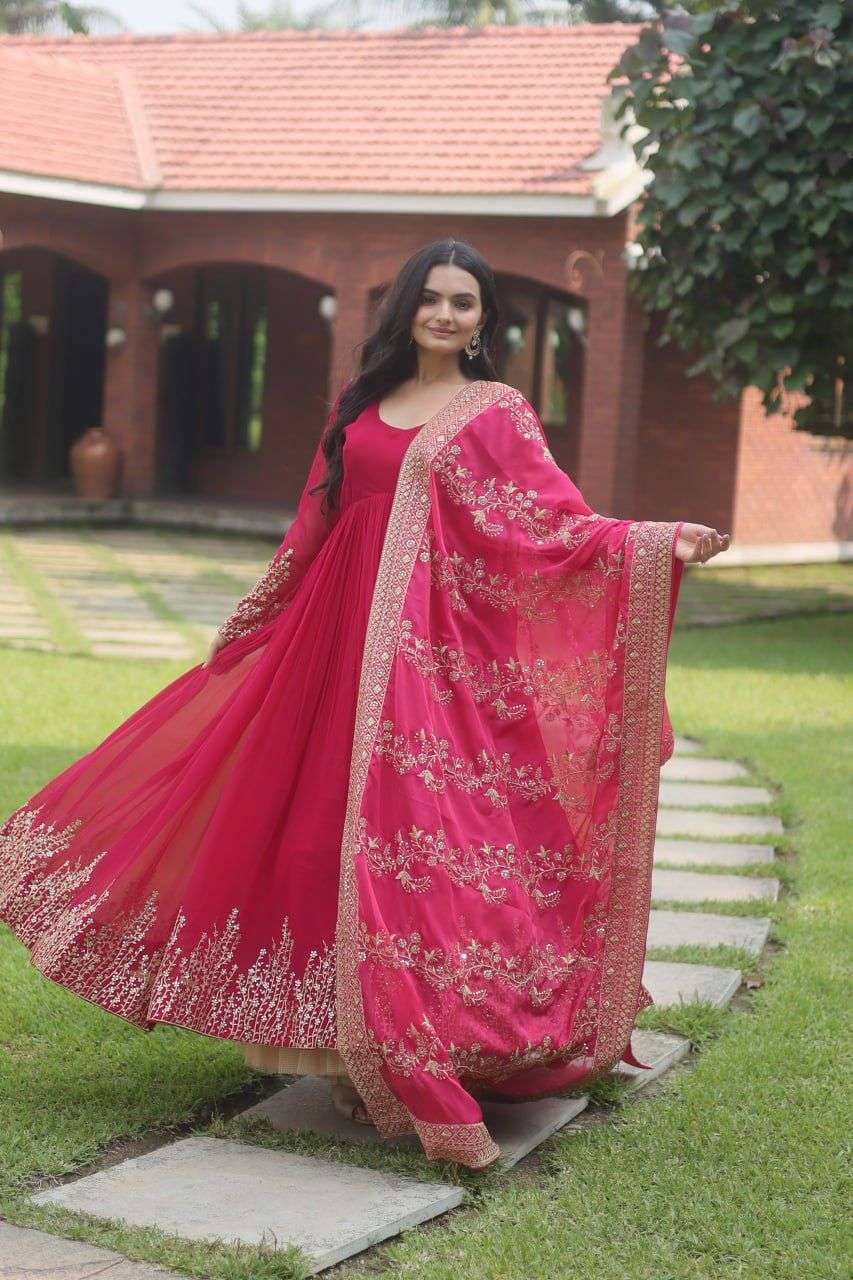 DESIGNER WEDDING PARTY WEAR HEAVY FAUX BLOMMING PINK ANARKALI SALWAR SUIT GOWN LW 9158