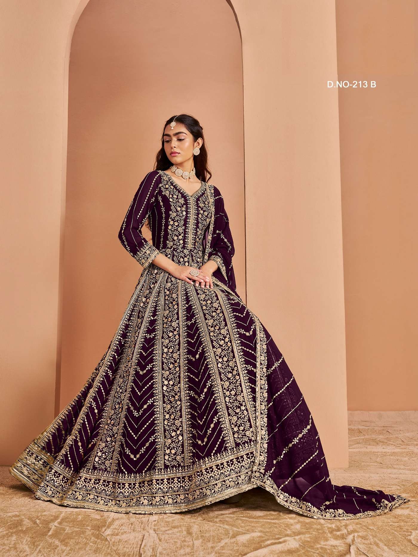 DESIGNER WEDDING PARTY WEAR HEAVY FAUX GEORGETTE WINE ANARKALI SALWAR SUIT GOWN ANY 213 B