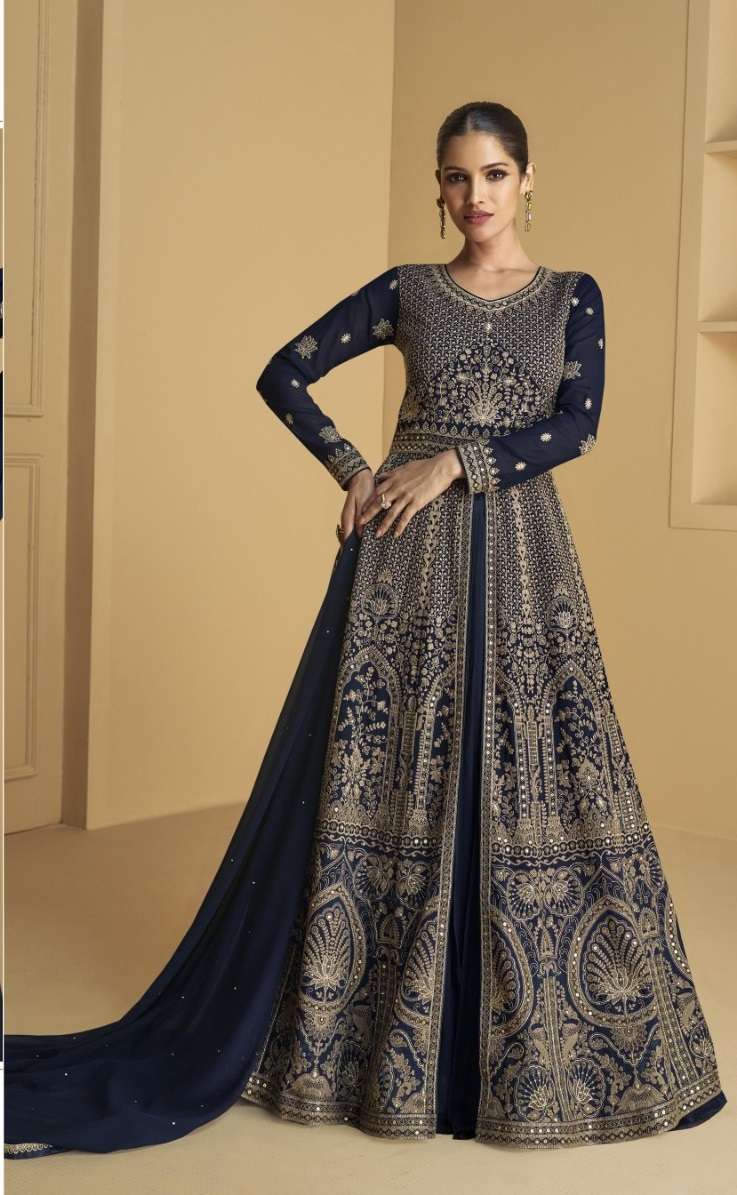 DESIGNER WEDDING PARTY WEAR HEAVY GEORGETTE BLUE ANARKALI SALWAR SUIT GOWN SHF 9973 A