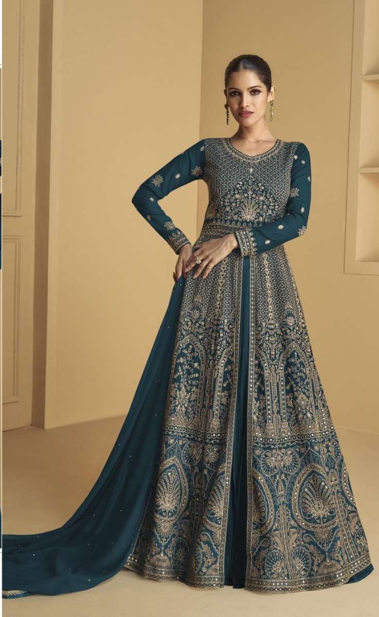 DESIGNER WEDDING PARTY WEAR HEAVY GEORGETTE BLUE GREEN ANARKALI SALWAR SUIT GOWN SHF 9973 C