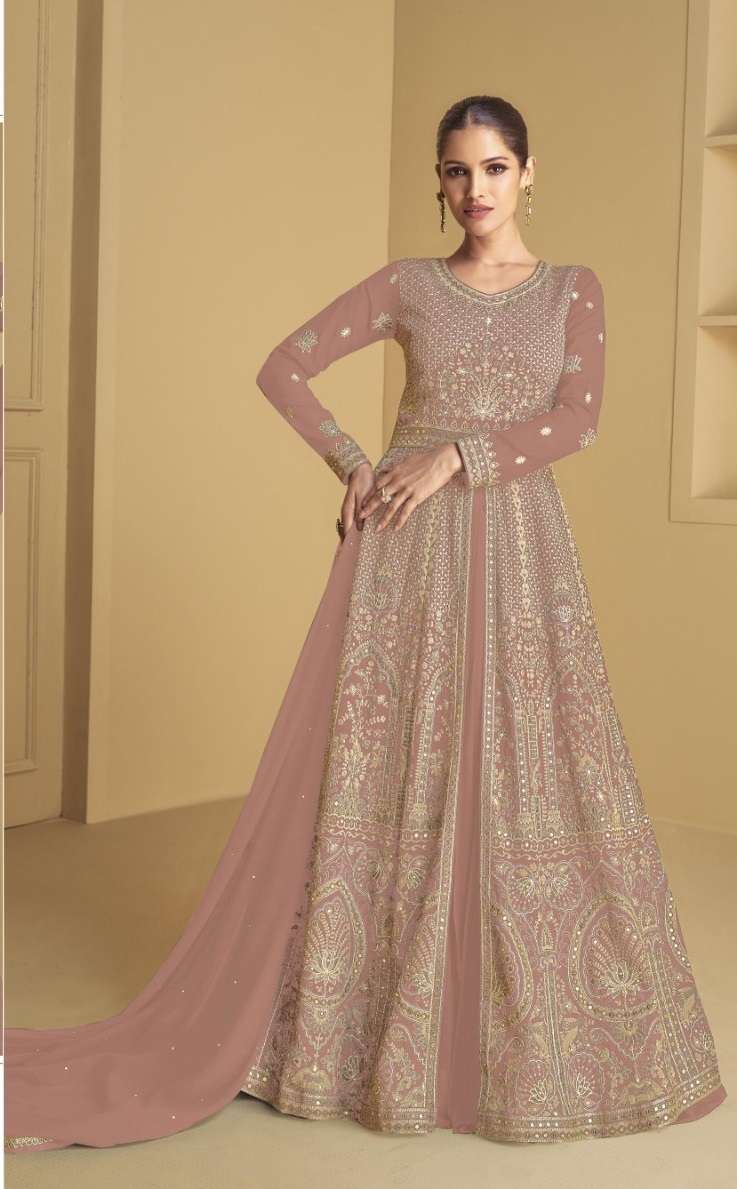 DESIGNER WEDDING PARTY WEAR HEAVY GEORGETTE PINK ANARKALI SALWAR SUIT GOWN SHF 9973 E