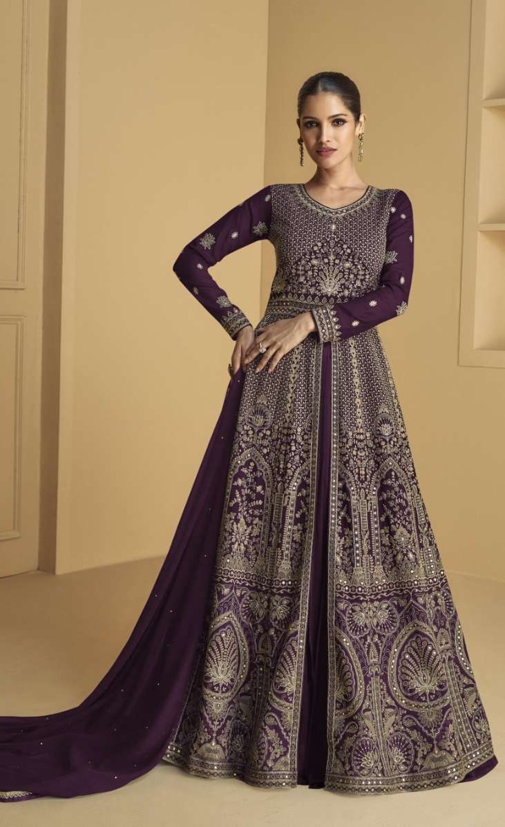 DESIGNER WEDDING PARTY WEAR HEAVY GEORGETTE WINE ANARKALI SALWAR SUIT GOWN SHF 9973 D