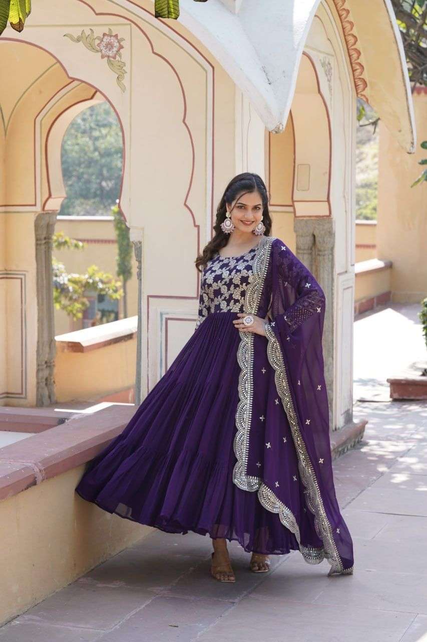 DESIGNER WEDDING PARTY WEAR HEAVY PURPLE BLOOMING GEORGETTE ANARKALI SALWAR SUIT GOWN LW 9155 F