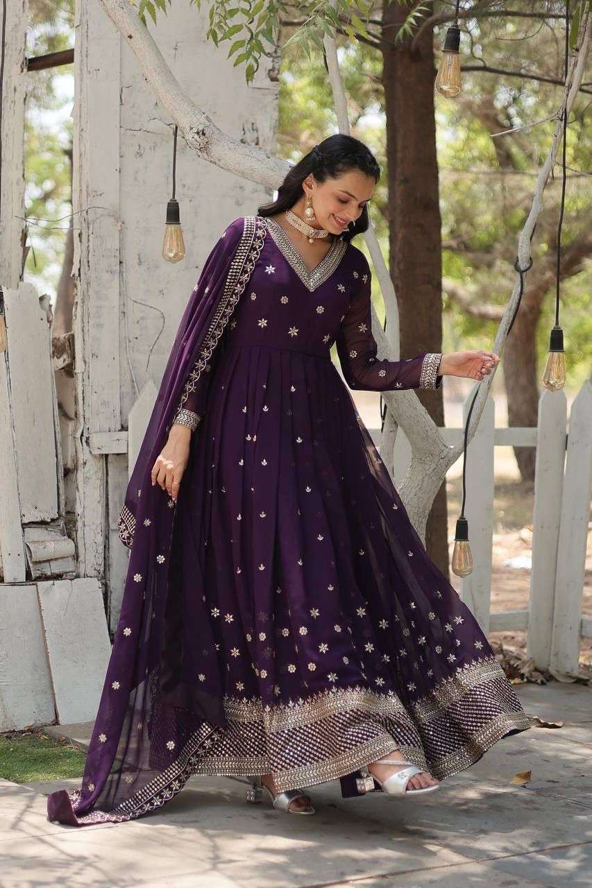 DESIGNER WEDDING PARTY WEAR HEAVY PURPLE BLOOMING GEORGETTE ANARKALI SALWAR SUIT GOWN LW 9186 A