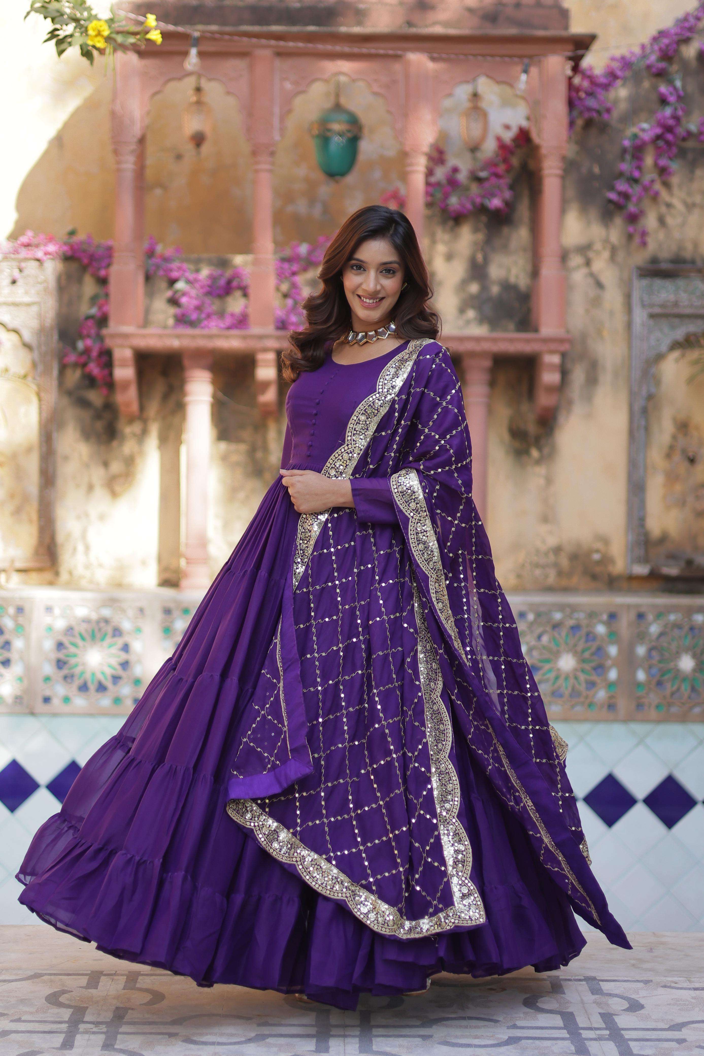 DESIGNER WEDDING PARTY WEAR HEAVY PURPLE GEORGETTE ANARKALI SALWAR SUIT GOWN LW 9212 C