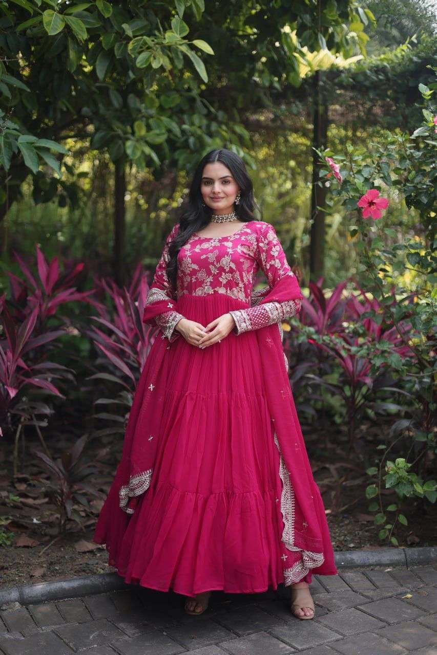 DESIGNER WEDDING PARTY WEAR HEAVY RANI PINK BLOOMING GEORGETTE ANARKALI SALWAR SUIT GOWN LW 9155 A