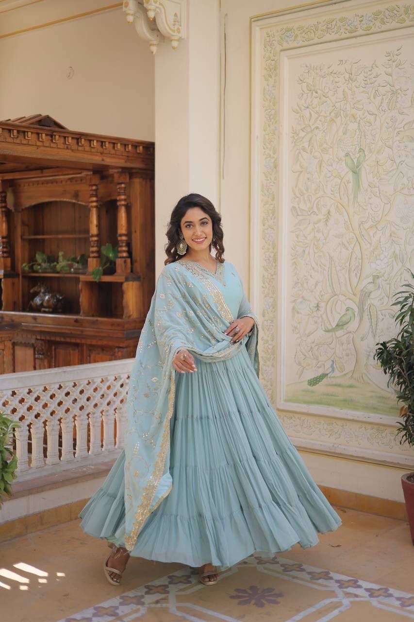 DESIGNER WEDDING PARTY WEAR HEAVY READYMADE FAUX GEORGETTE SKY BLUE ANARKALI SALWAR SUIT GOWN LW 9162 A