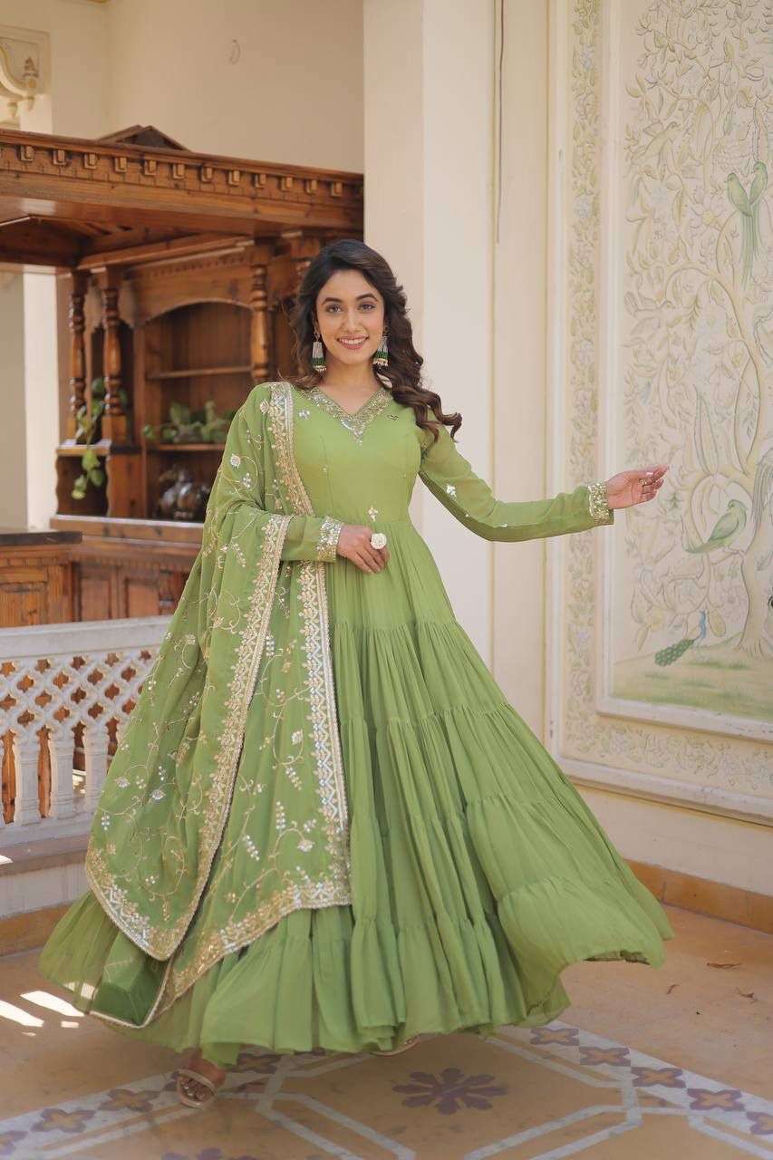 DESIGNER WEDDING PARTY WEAR HEAVY READYMADE FAUX GEORGETTE PISTA GREEN ANARKALI SALWAR SUIT GOWN LW 9162 B