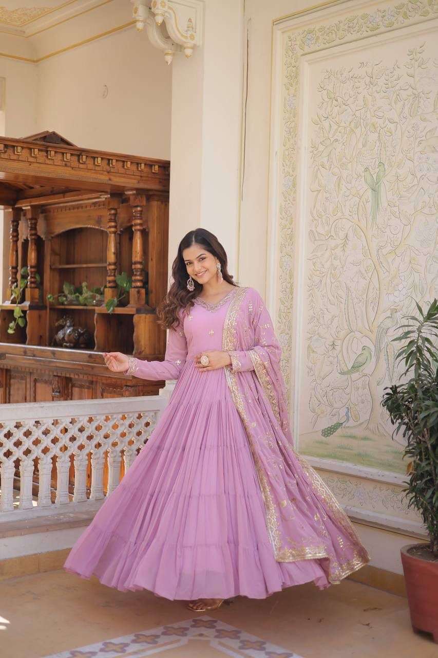 DESIGNER WEDDING PARTY WEAR HEAVY READYMADE FAUX GEORGETTE PINK ANARKALI SALWAR SUIT GOWN LW 9162 D