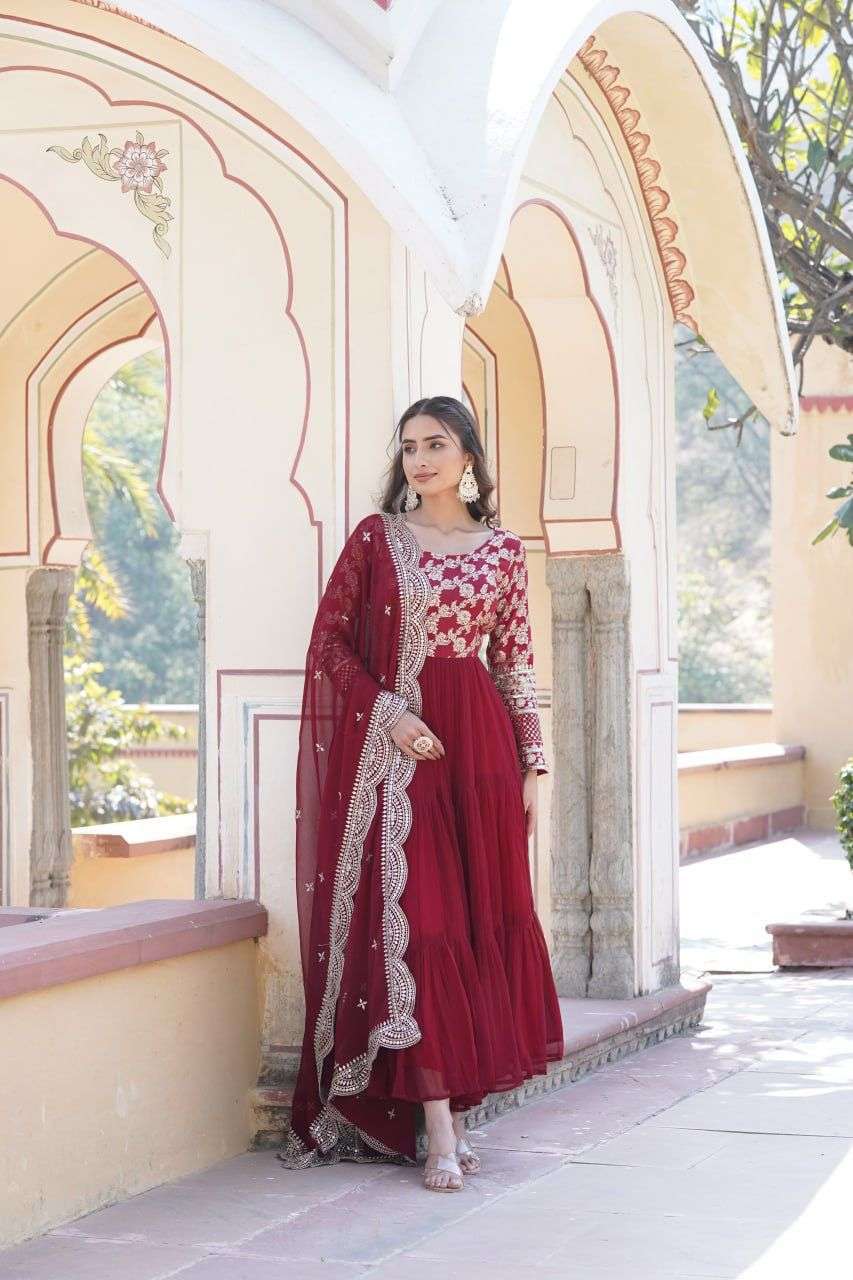 DESIGNER WEDDING PARTY WEAR HEAVY RED BLOOMING GEORGETTE ANARKALI SALWAR SUIT GOWN LW 9155 E