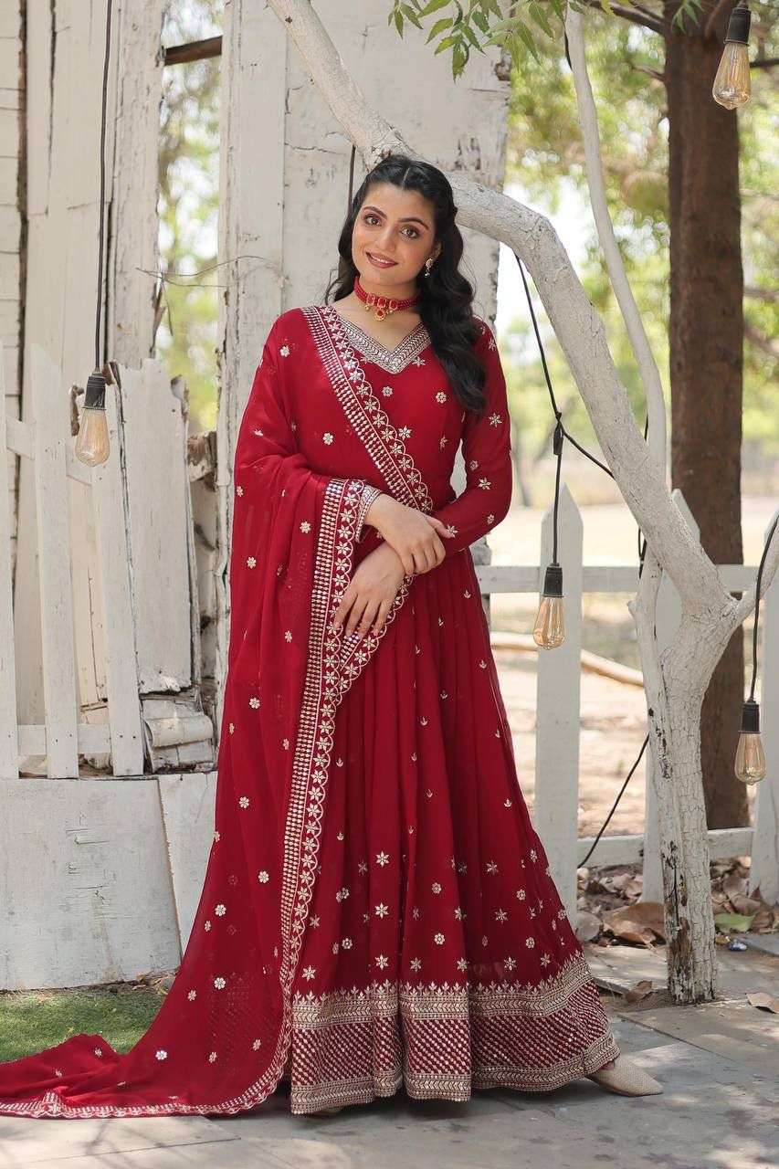 DESIGNER WEDDING PARTY WEAR HEAVY RED BLOOMING GEORGETTE ANARKALI SALWAR SUIT GOWN LW 9186 B