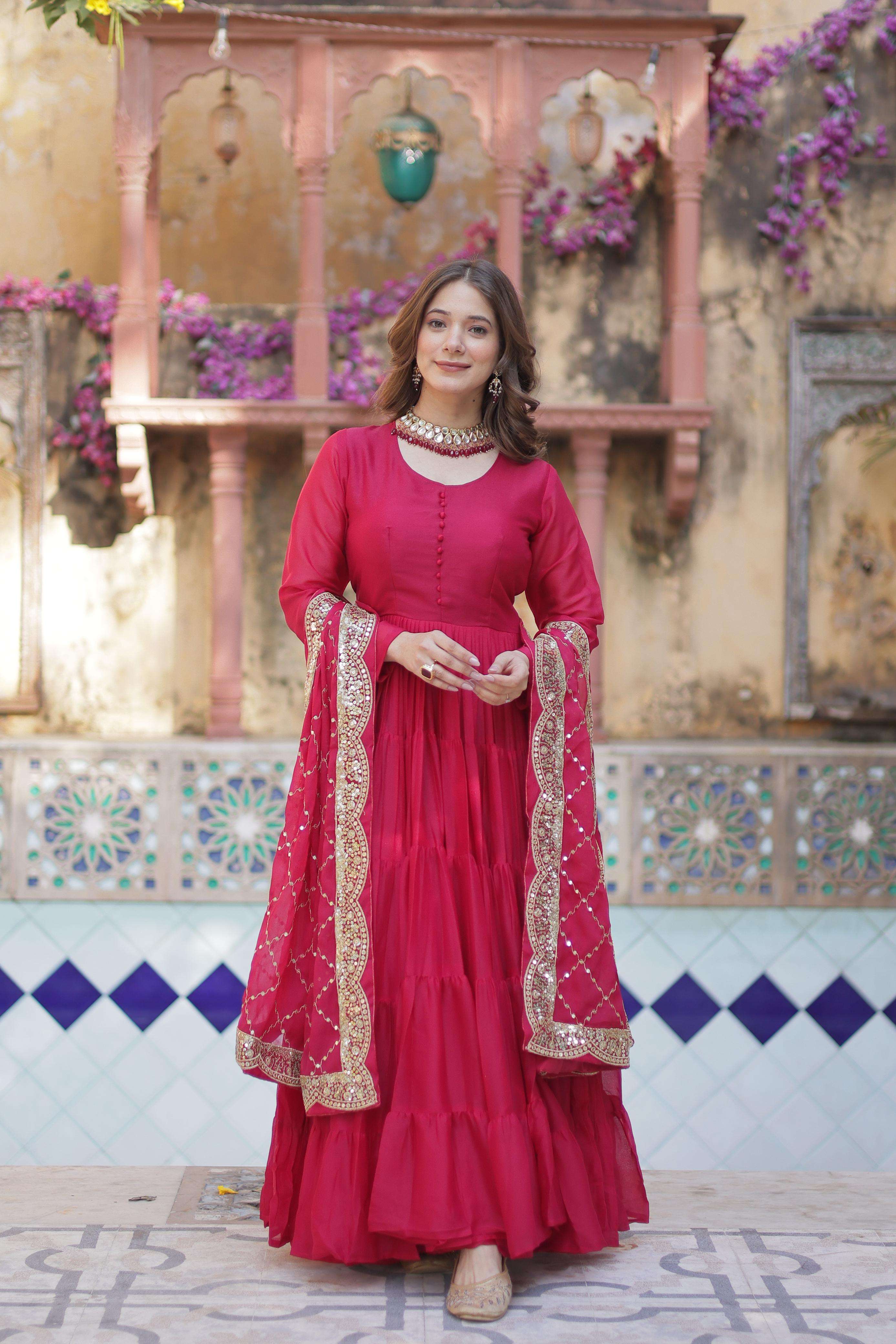 DESIGNER WEDDING PARTY WEAR HEAVY RED GEORGETTE ANARKALI SALWAR SUIT GOWN LW 9212 A