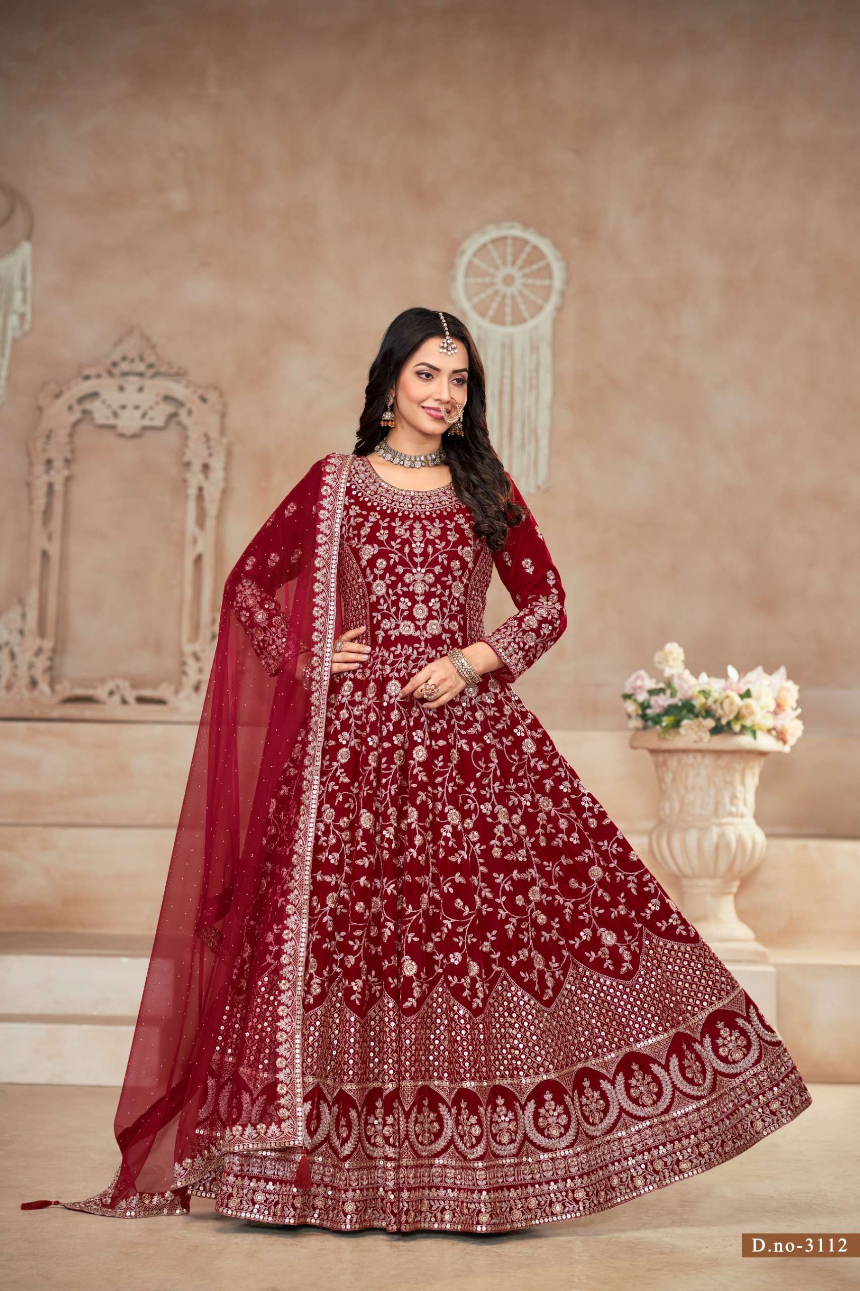 DESIGNER WEDDING PARTY WEAR HEAVY RED VELVET ANARKALI SALWAR SUIT GOWN ANY TWISHA 3112