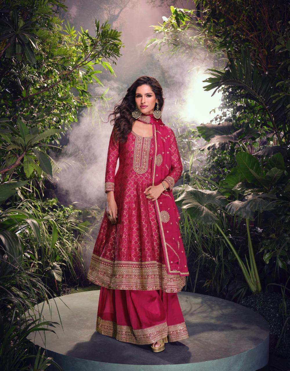 DESIGNER WEDDING PARTY WEAR HEAVY VISCOSE JAQUARD RED SHARARA SALWAR SUIT PALLAZO SUIT SY AKSHARA 5717