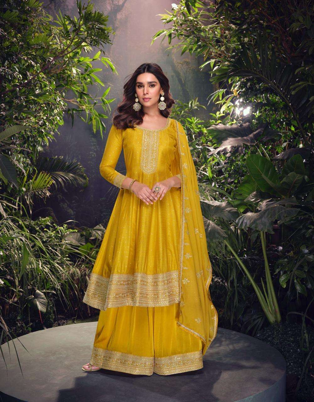 DESIGNER WEDDING PARTY WEAR HEAVY VISCOSE JAQUARD YELLOW SHARARA SALWAR SUIT PALLAZO SUIT SY AKSHARA 5718