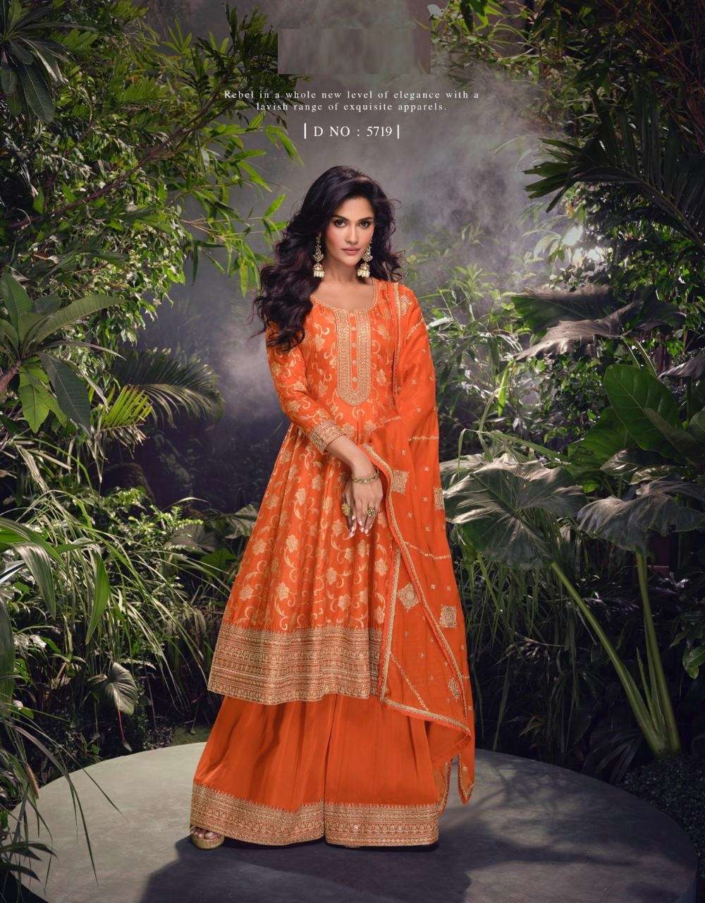 DESIGNER WEDDING PARTY WEAR HEAVY VISCOSE JAQUARD ORANGE SHARARA SALWAR SUIT PALLAZO SUIT SY AKSHARA 5719