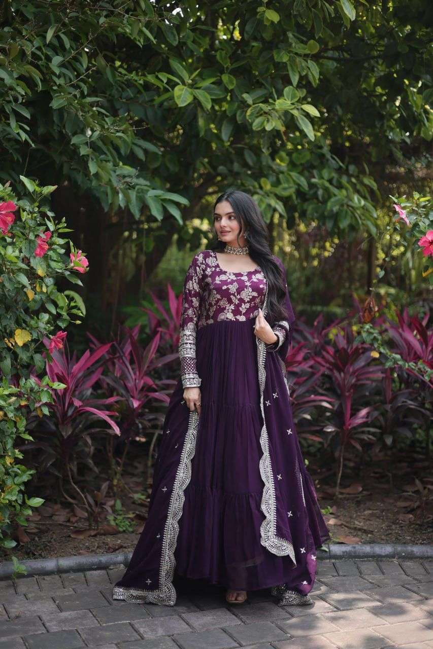 DESIGNER WEDDING PARTY WEAR HEAVY WINE BLOOMING GEORGETTE ANARKALI SALWAR SUIT GOWN LW 9155 C